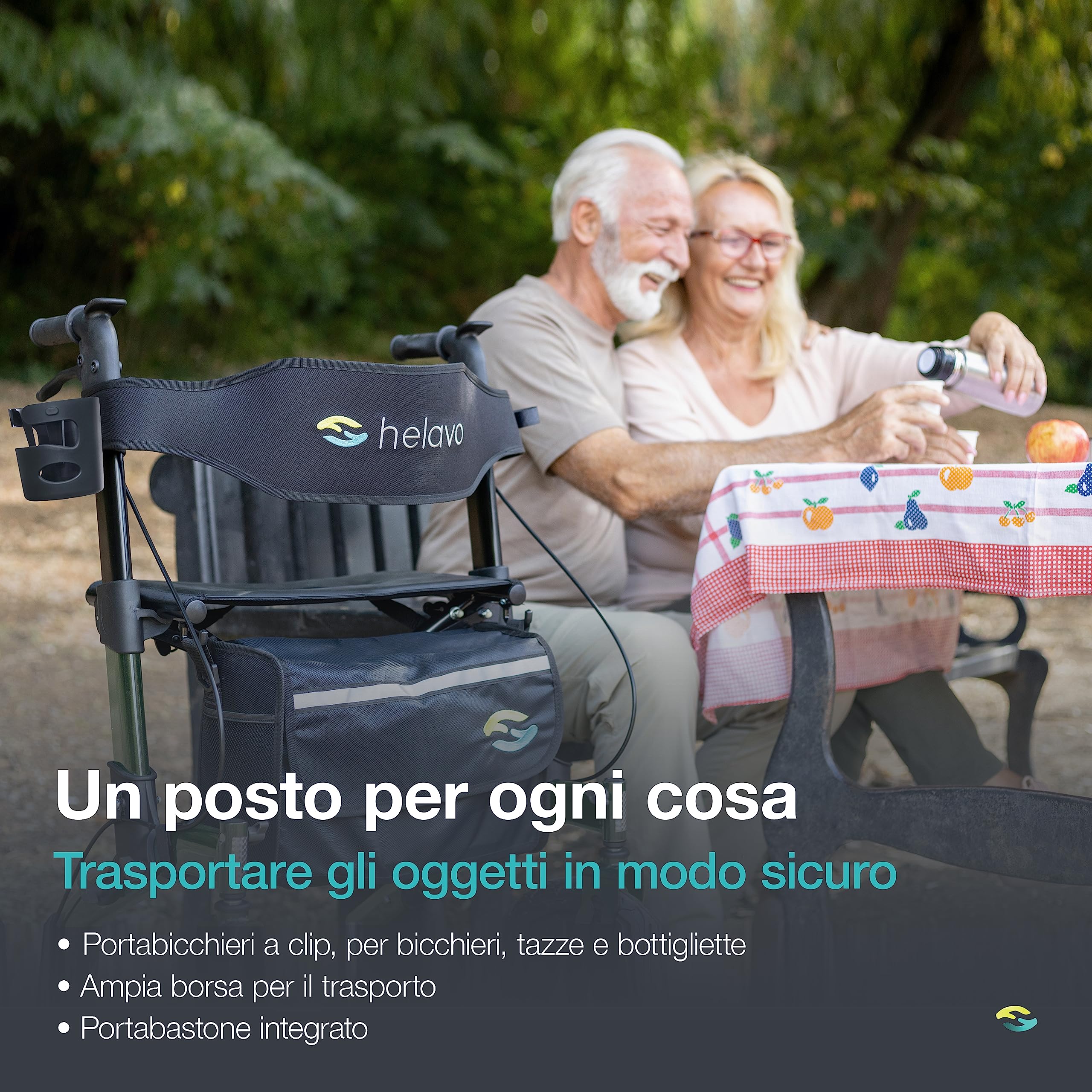 Helavo deambulatore per anziani 4 ruote pieghevole con seduta - Rollator da esterno con ruote pneumatiche 12"/10", altezza regolabile, sedile comodo, leggero, ammortizzato - 136 kg max