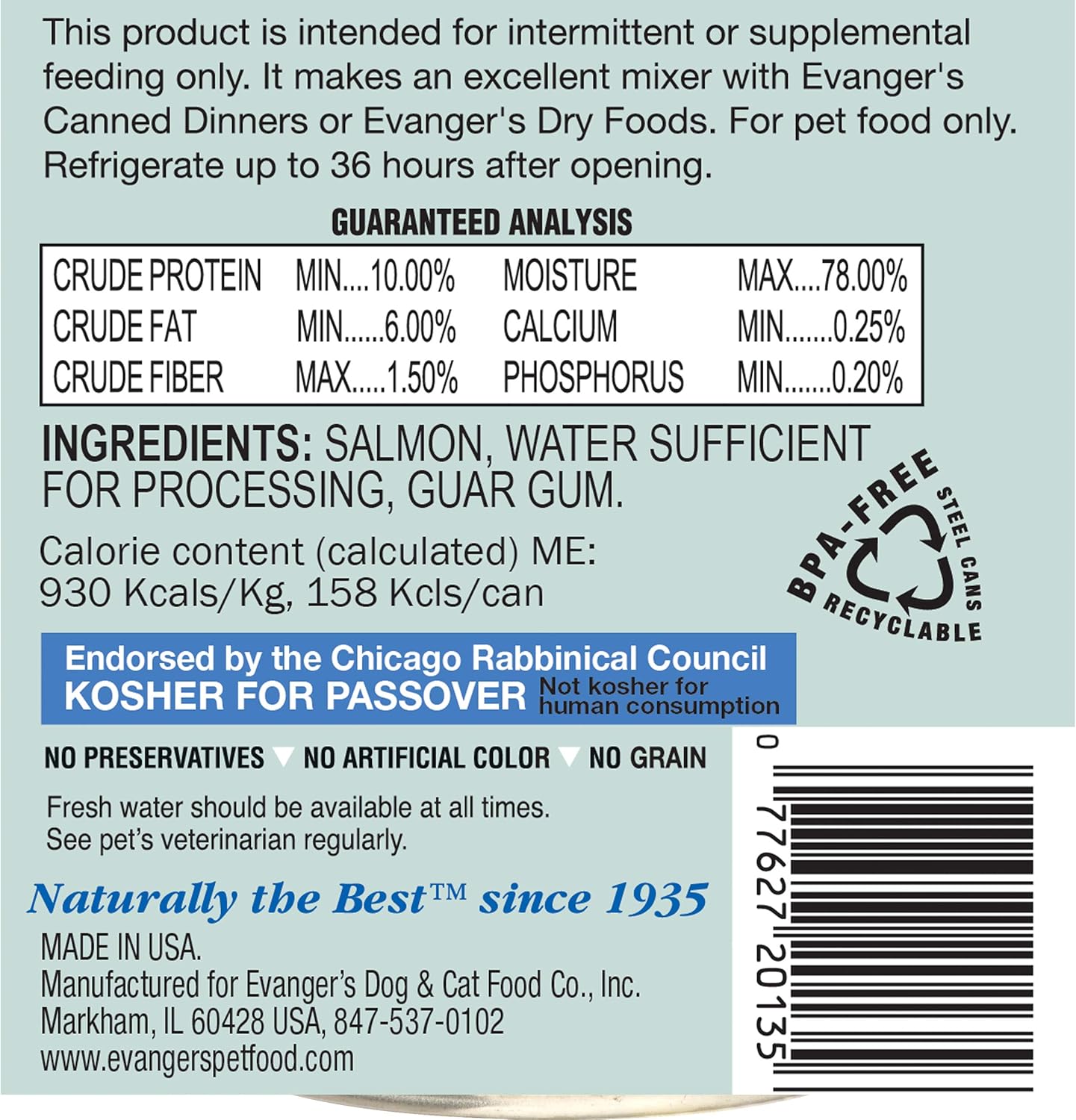 Evanger's Complements Grain Free Salmon for Dogs & Cats – 12 Count, 12.5 oz Each – Single Protein, Grain & Gluten Free, Rich in Omegas, Protein Rotation, Dry Food Topper
