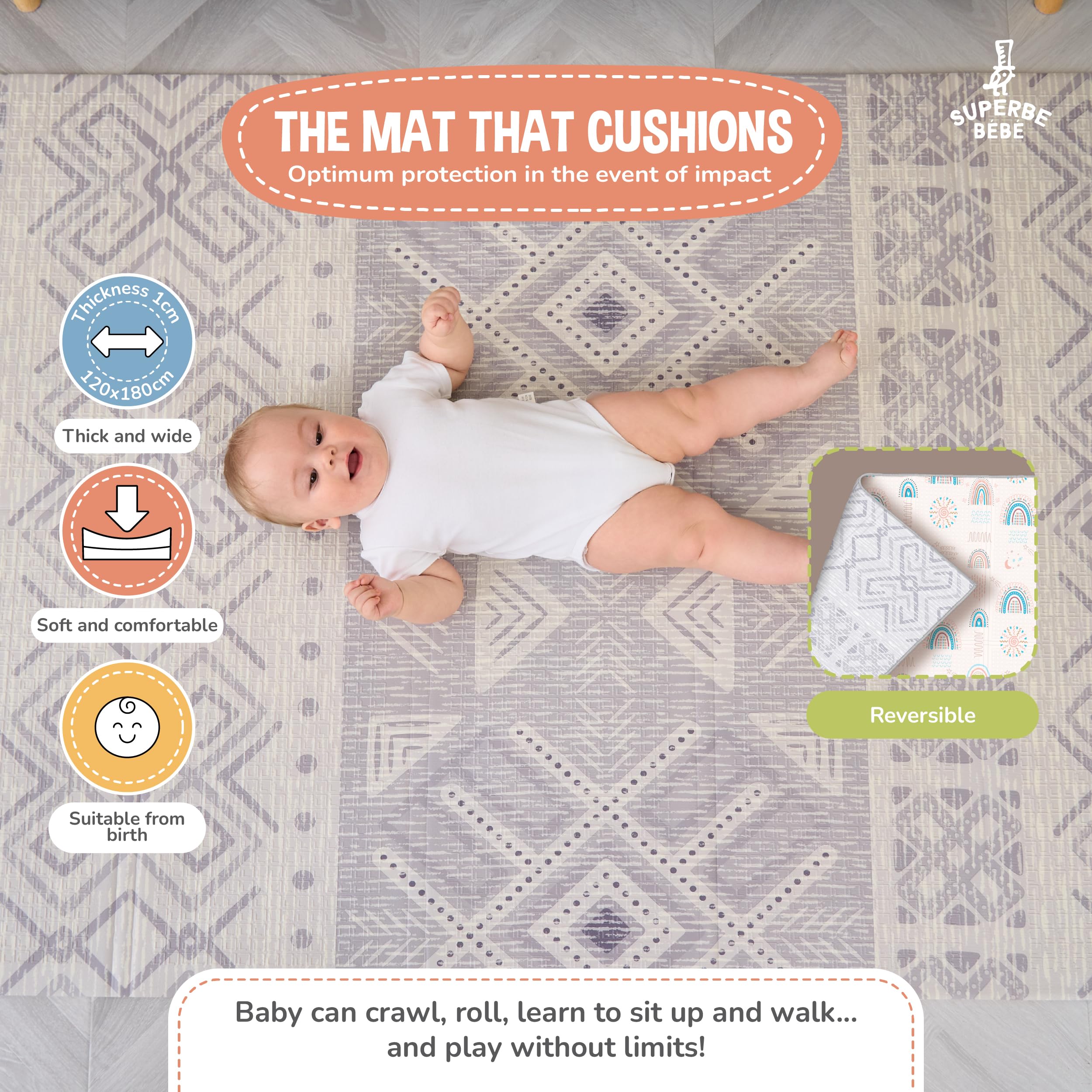 Reversible and Non-Toxic Thick Foldable Waterproof Foam Baby Play Mat 180x160x1cm. Floor Mat for Kids Toddlers Children. for Boy or Girl Child's Room. Extra Large Size SUPERBE BEBE ® — view 2