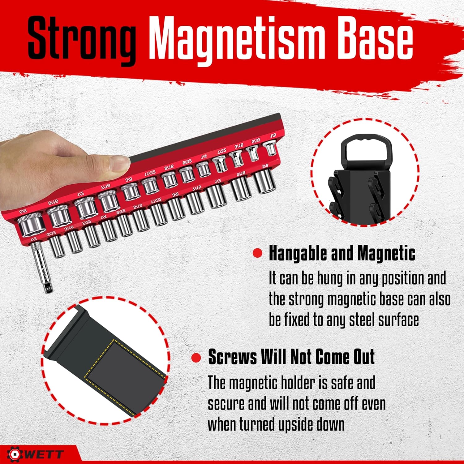 WETT 8-Piece Magnetic Socket Organizer Set, Includes 6Pcs 1/4", 3/8", 1/2" Drive Socket Trays Holder, 1Pc Wrench Organizer and 1Pc 1/4" Hex Bit Holder, (Sockets/Wrenches/Bits Not Included)