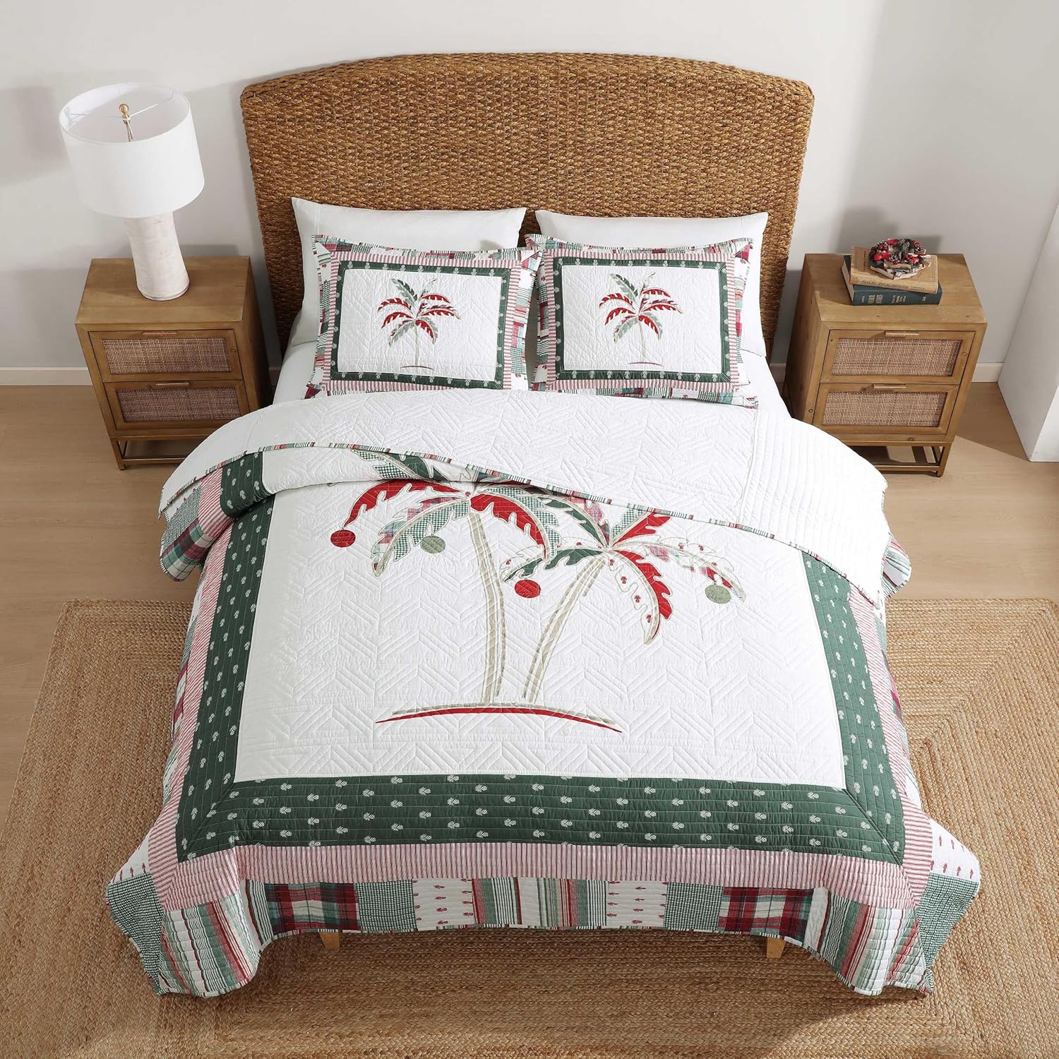 Tommy Bahmma - King Quilt Set, Soft 100% Cotton Gauze Bedding w/Matching Pillowcases, Reversible 3 Piece Bed Set w/Relaxed Texture (Palm Tree Patchwork Green)