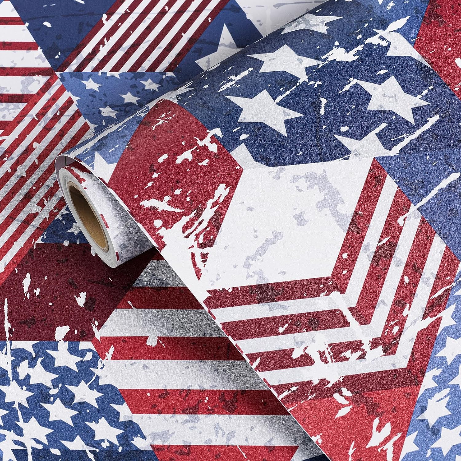 FunStick 17.5"x354" Retro Geometric Wallpaper Peel and Stick Grunge USA American Flag Star Modern Wallpaper for Bathroom Wall Hanging Decor Waterproof Red White Blue Contact Paper for Cabinets Drawers