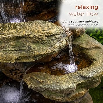 Alpine Corporation TZL199 51 Outdoor Floor Cascading Rock Waterfall Fountain with LED Lights and Bluetooth Speaker, Brown