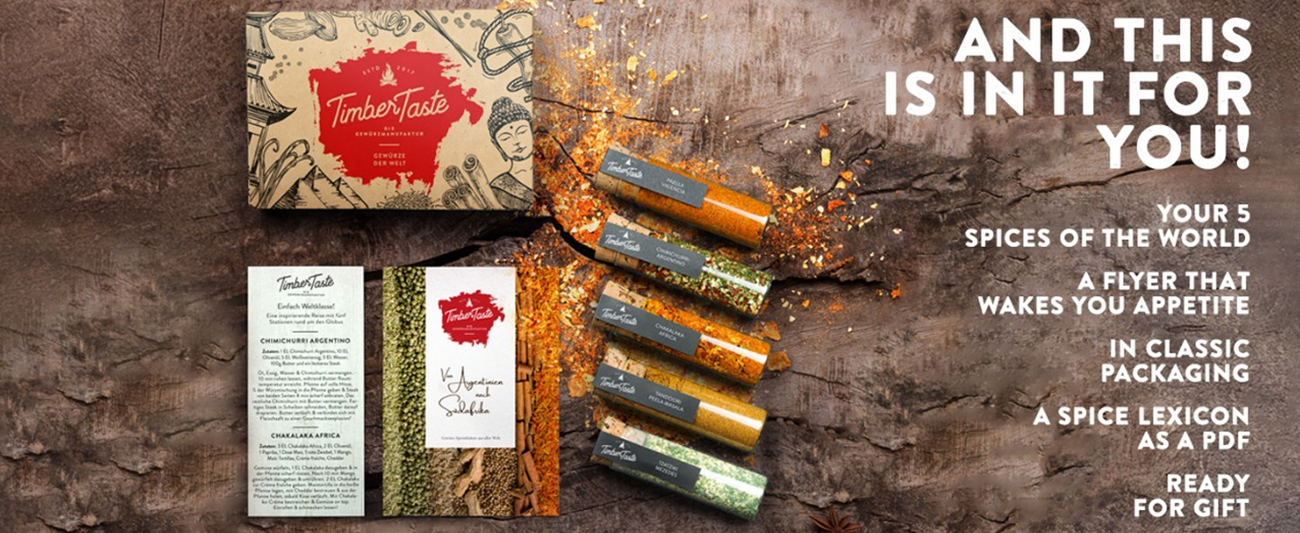 TIMBER TASTE® Gourmet Spice Set - 5 exotic spices and seasonings sets from around the world | gifts for men | gifts for dads | fathers day gift | gift for dad | spice blends | best seasoning set
