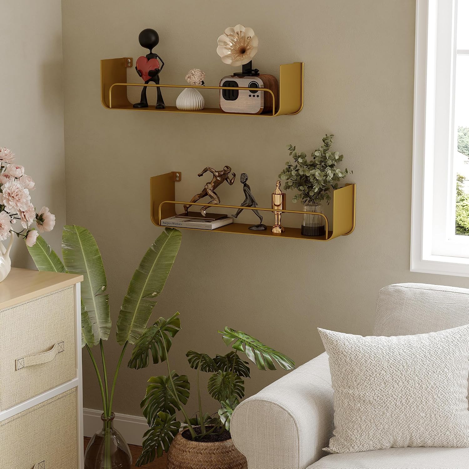 16 Inch Gold Floating Shelves 2 Pack - Modern Iron Bathroom Shelves with Guardrail, U-Shaped Wall Mounted Shelf for Home Decor&Organizer, Display Wall Shelf for Bathroom,Kitchen,Bedroom