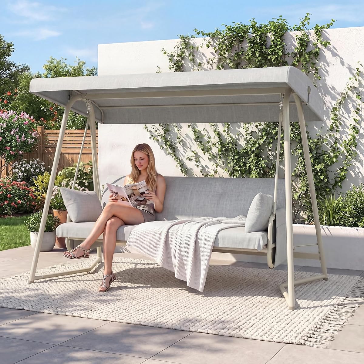 3 to 4 Person Outdoor Patio Swing with Canopy 2-in-1 Swing Bed Adjustable Backrest 800 lbs Capacity Porch Swing with Stand Removable Cushions Pillows for Backyard Garden Poolside