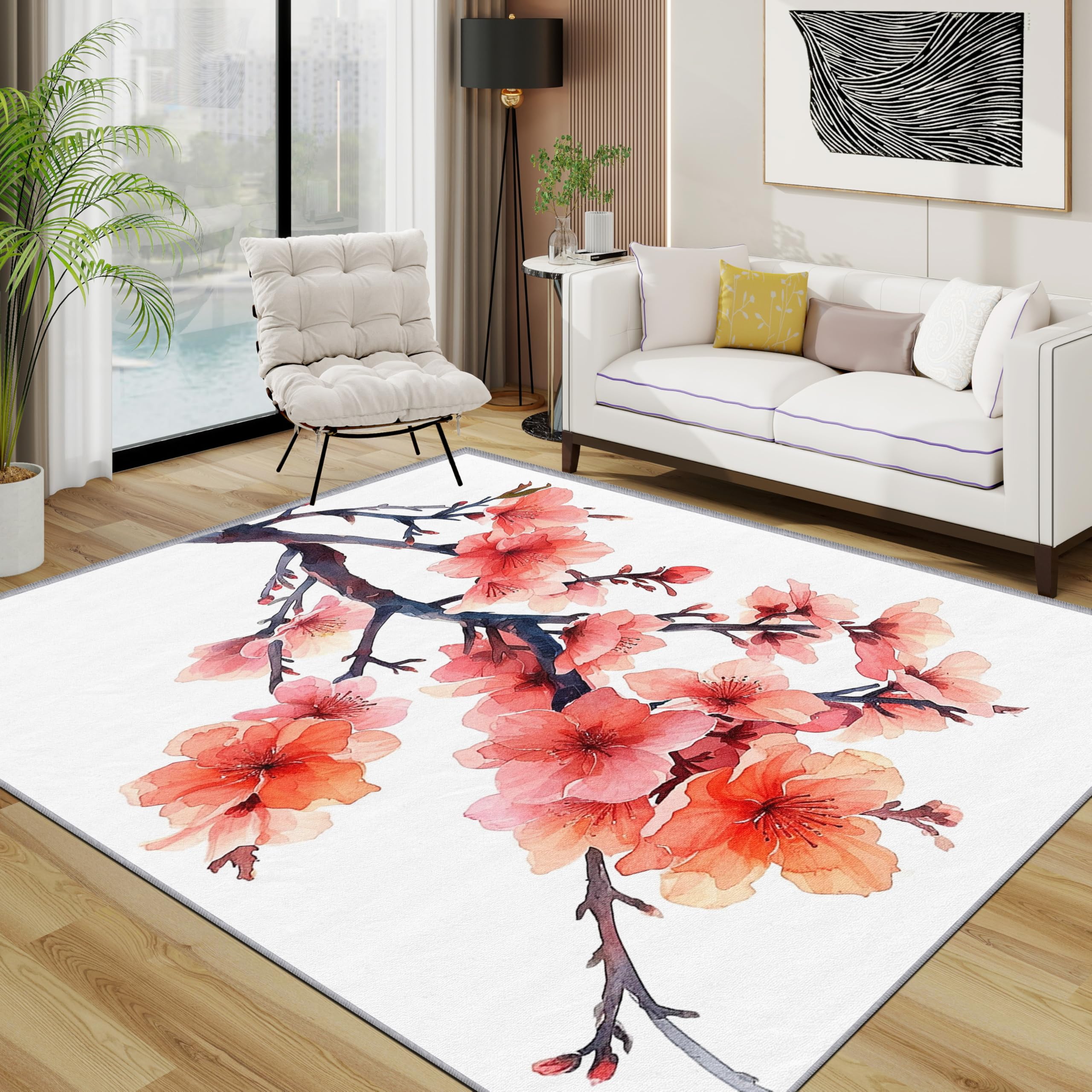 Cherry Blossom Area Rugs for Living Room 120x180 - Japanese Watercolor Flower Rug for Bedroom, Spring Floral Botanical Non Slip Washable Short Pile Carpet, Cherry Blossom House Decor