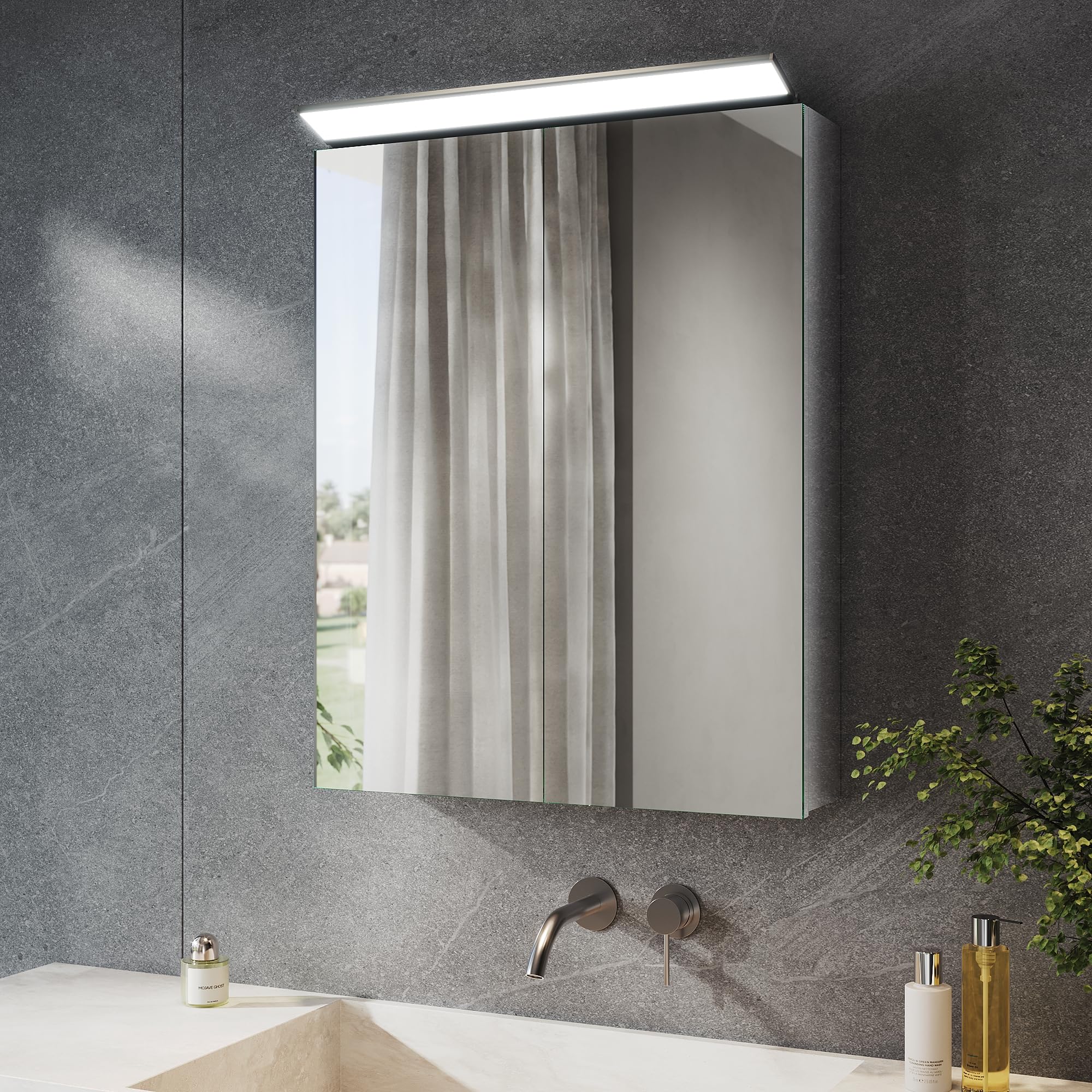 SONNI Spiegelschrank Bad 2-türig mit Beleuchtung 52x65cm, 201 Edelstahl Medizinschrank IP44 spritzwassergeschützt, viel Stauraum, Wandschalter & austauschbare LED-Leuchten