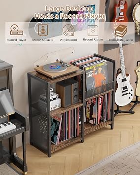3 Tier Record Player Stand,Turntable Stand for Living Room,Black | End Table with Vinyls Record Storage,Record Player Cabinet for Bedroom,Music Room,Storage up to 200+ Albums