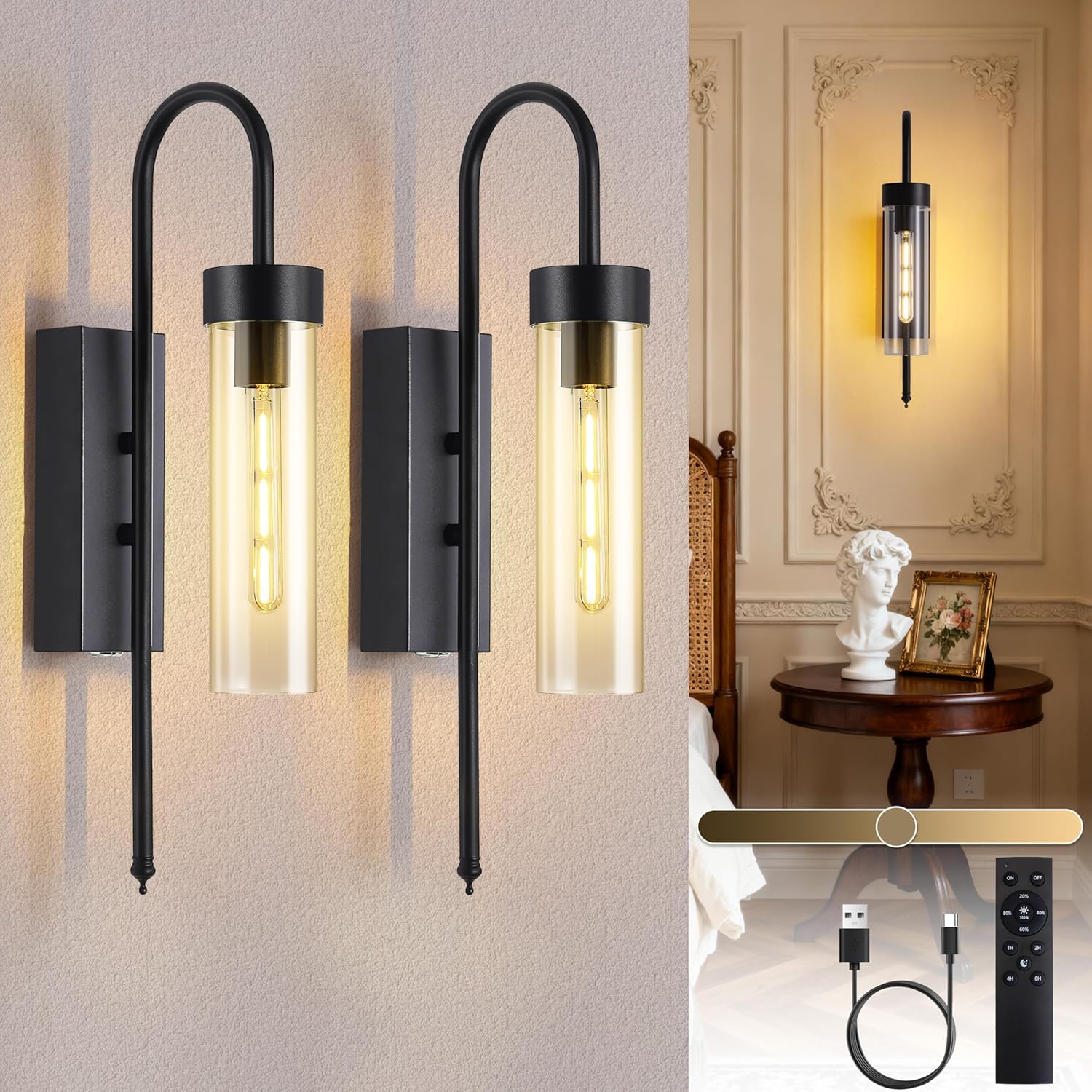 Battery Operated Wall Sconces Set of 2, 21" Dimmable Timer Remote Black Rechargeable Wireless Modern Wall Lights with Clear Glass, Wall Decor Fixtures for Bathroom Living Room Bedroom Hallway