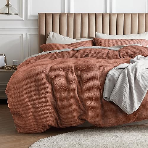 Bedsure Cotton Duvet Cover Queen - 100% Cotton Waffle Weave Aragon Red Duvet Cover Queen Size, GentleSoft™ and Breathable Bedding Set for All Season, 3 Pieces, 90"x90"