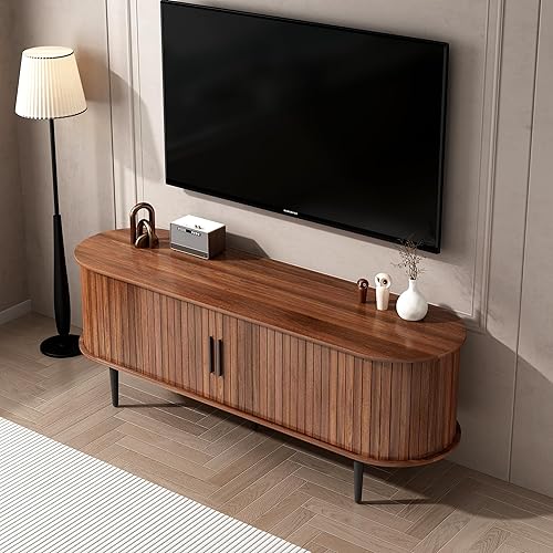 Miniatura 7 de Soporte de TV acanalado moderno de mediados de siglo, soporte de TV de nogal para TV de 55 pulgadas, centro de entretenimiento de madera con puertas