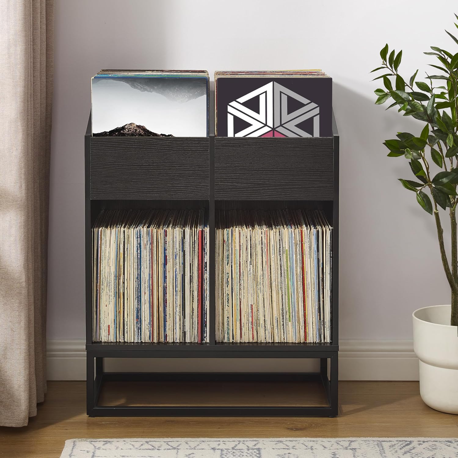 Crosley Furniture Enzo Modern Vinyl Record Storage Stand, Forward-Facing Flip-Bin Shelves for Records, Black