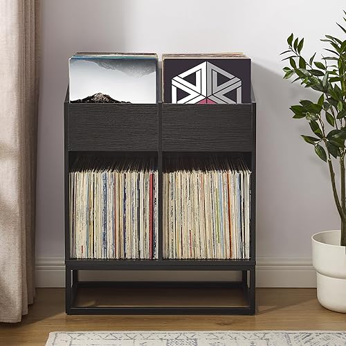 Miniatura 8 de Crosley Furniture Enzo - Moderno soporte de almacenamiento de discos de vinilo, estantes abatibles orientados hacia adelante para discos, color negro