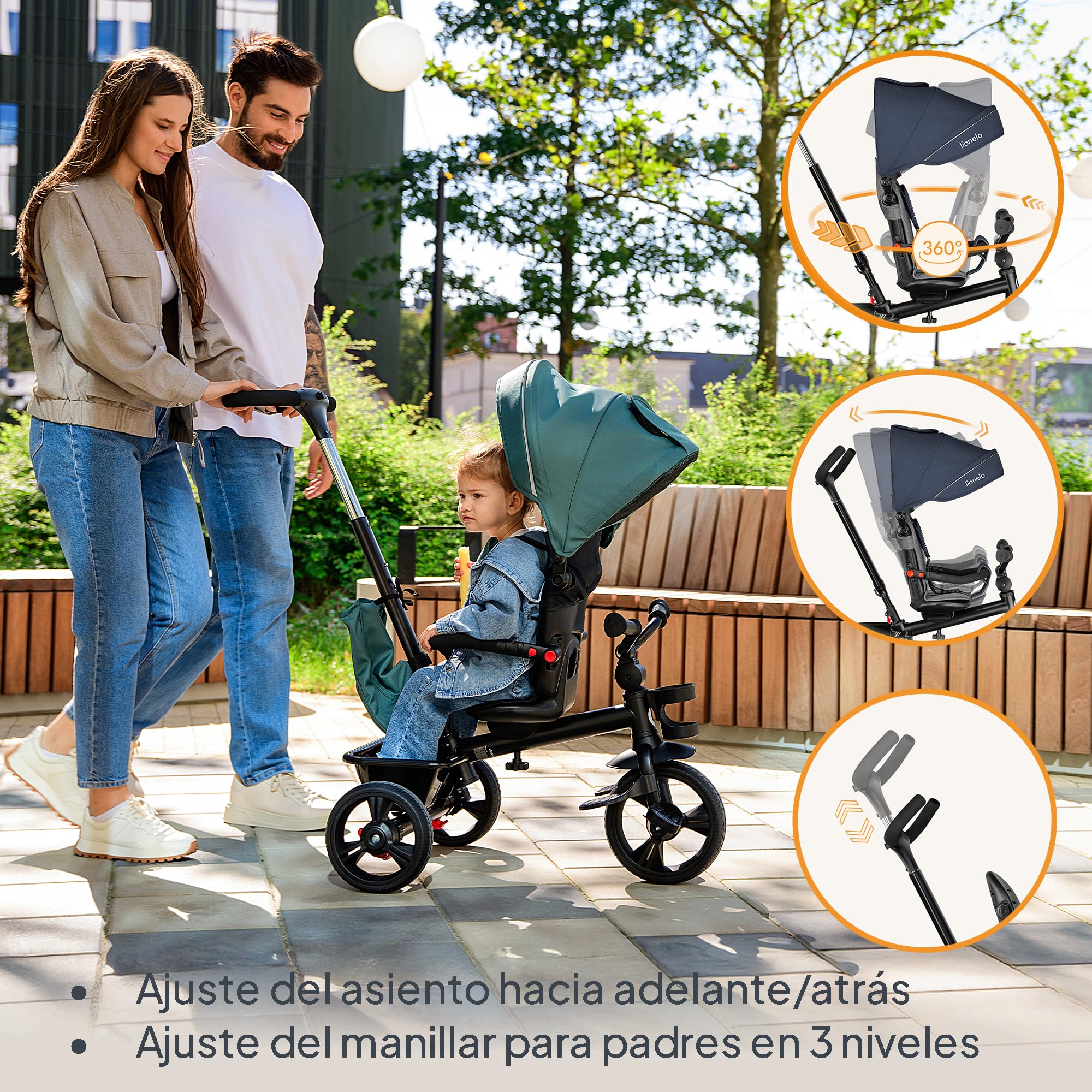 LIONELO Haari Triciclo Evolutivo para Niños, Bicicleta Bebe 4 en 1, Menores hasta 25 kg, 1,5-5 años, Carrito Cesta espaciosa, Bolsa y portavasos, Cinturones de 3 Puntos, Toldo Jeans