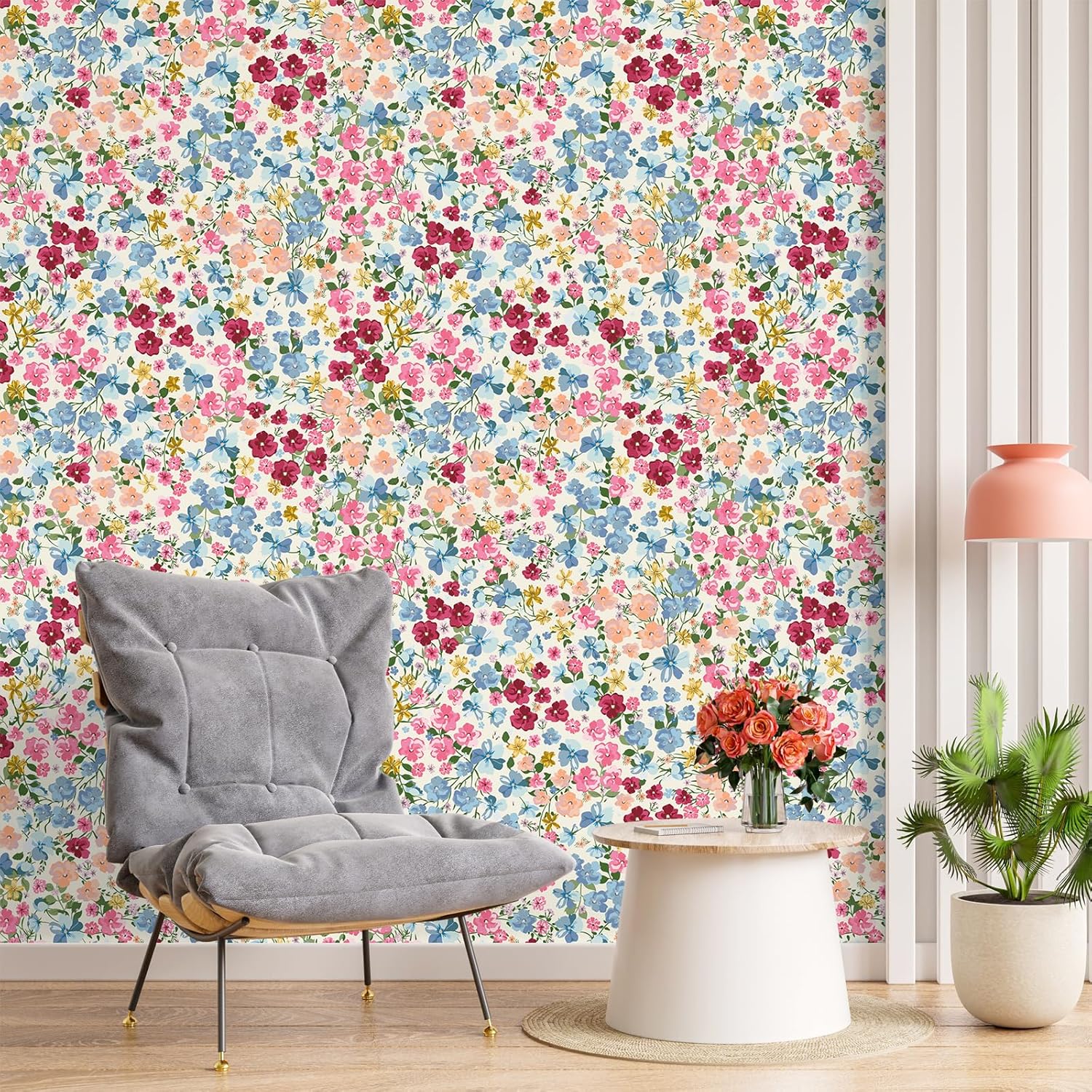 VEELIKE 17.7''x354'' Meadow Flowers Peel and Stick Wallpaper Vintage Floral Wallpaper Prepasted Removable Blue Pink Botanical Wallpaper Stick and Peel Floral Contact Paper for Bedroom Bathroom Walls