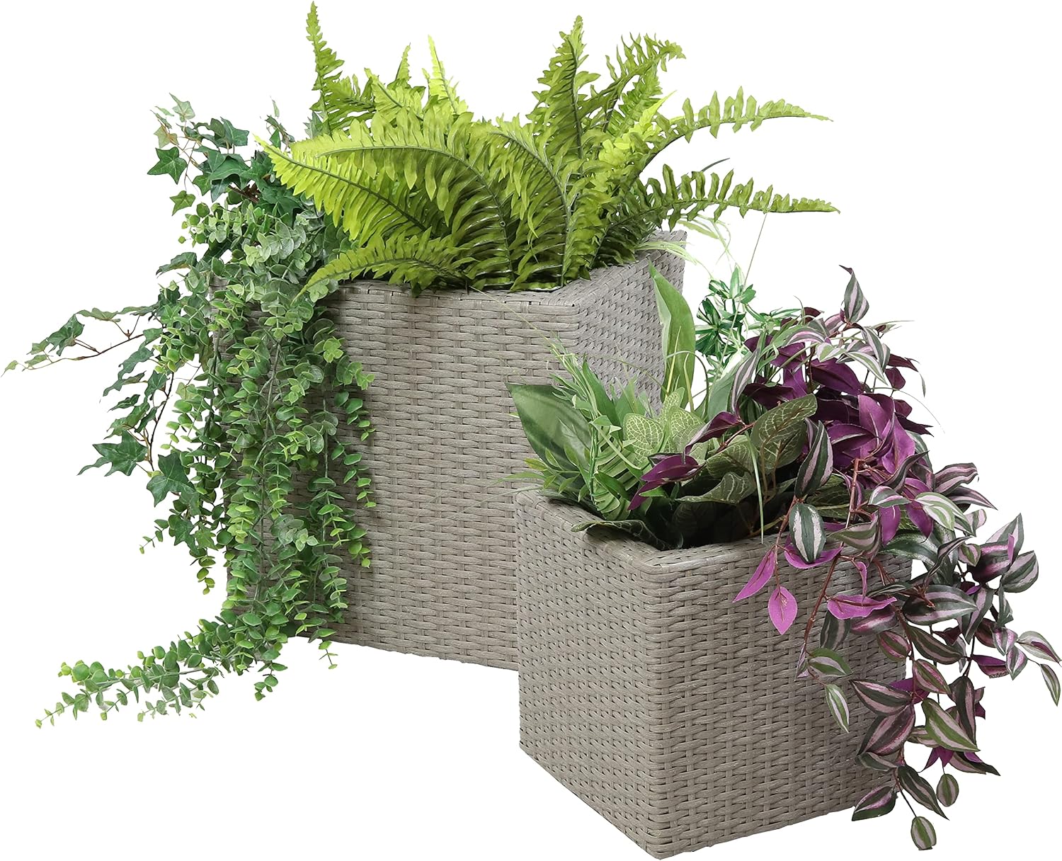 Sunnydaze Polyrattan Square Indoor Planters Set - Includes 14-Inch and 11-Inch Modern Decorative Planter - Features Attached Clear Polypropylene Liner - Gray
