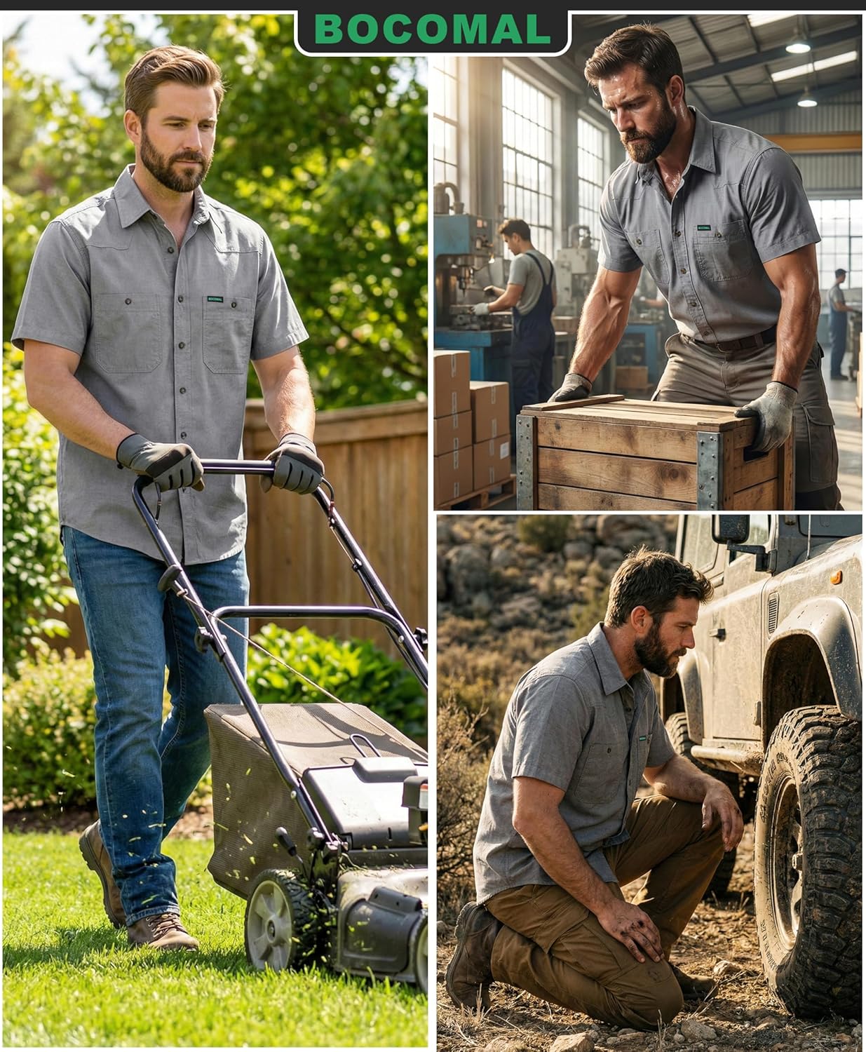 BOCOMAL Men's Short Sleeve Button Down Work Shirts Summer Relaxed Fit - Lightweight 100% C Chambray, EX-Soft, Utility Pockets