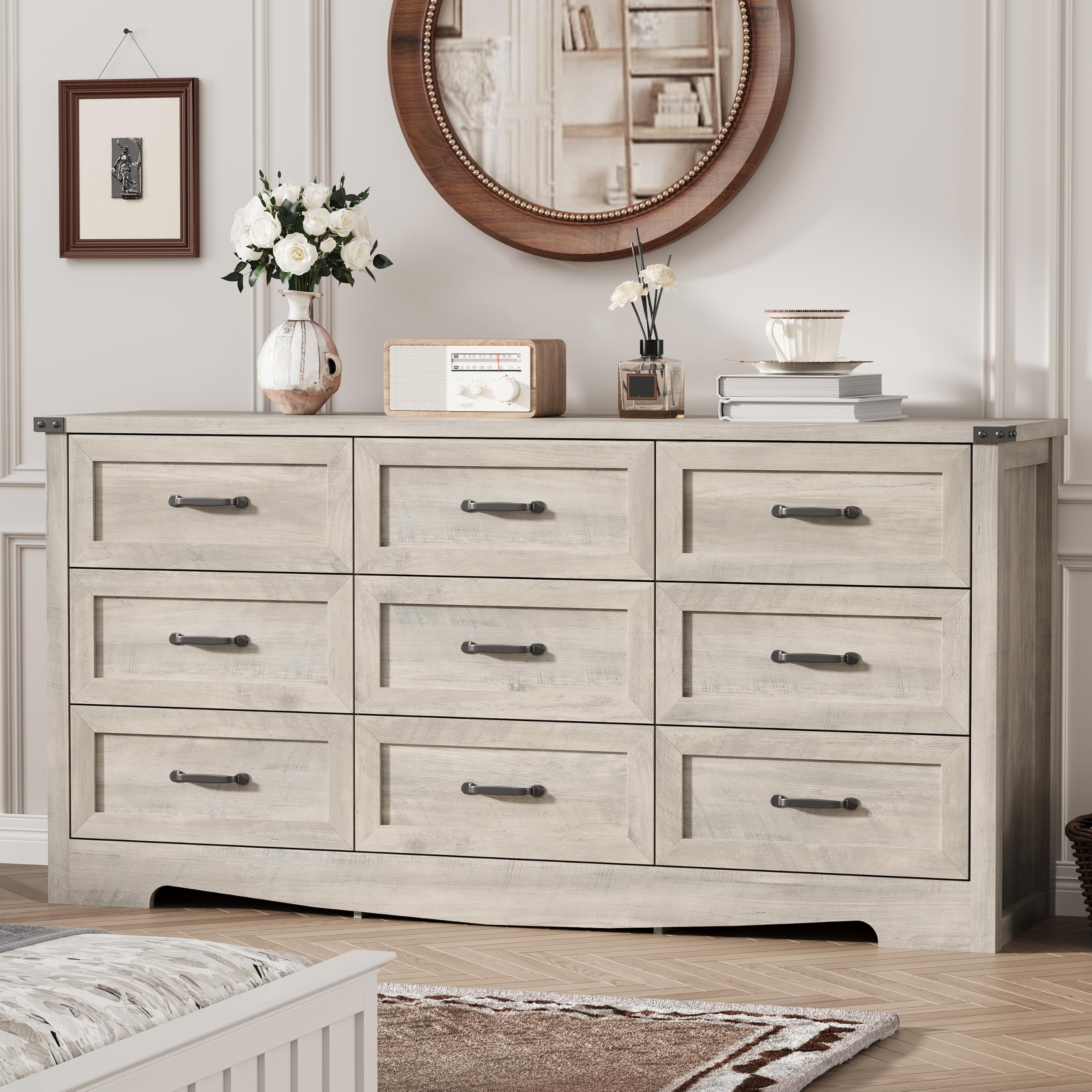 Dresser for Bedroom with 9 Drawers, 63" Wide Wood Chest of Drawers with Deep Drawers &amp; Mental Handle, Modern Dresser TV Stand, Wooden Closet Storage Organizer for Living Room, Hallway, Entryway, Grey