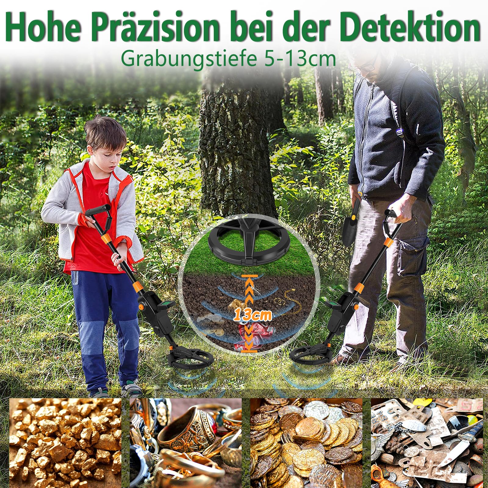 Leichter hochempfindlicher Metalldetektor mit LCD Display, Outdoor Schatzsuch Metalldetektoren,Mit Kunststoff Schaufel, Rechen &Tragtasche(Modell 1008) Schwarz