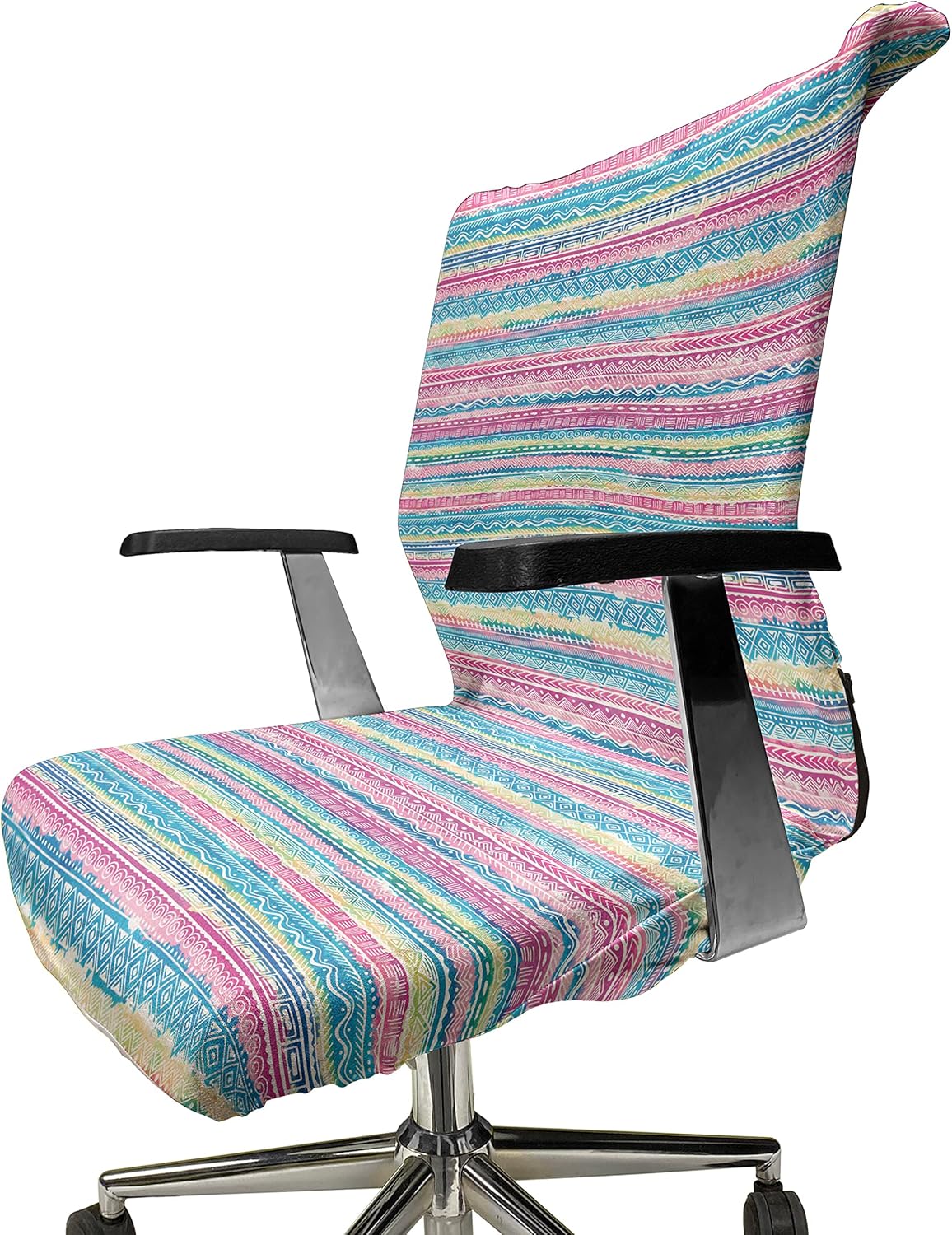Ambesonne Tribal Office Chair Cover, Watercolor Tie Dye Effect Art Stripes Aquatic Theme Bohemian Aztec Print, Stretchable Decorative Universal Size High Back Printed Slipcover, Cream Pink