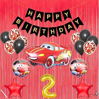 2nd Car Theme Happy Birthday Banner Decoration Black for 2 year Old Baby Boys Girls Kids 5 Pc Lightning Macqueen Theme 10 Pc Confetti Balloons Foil Curtain Kit Combo Set Items 2 Pc Red Star