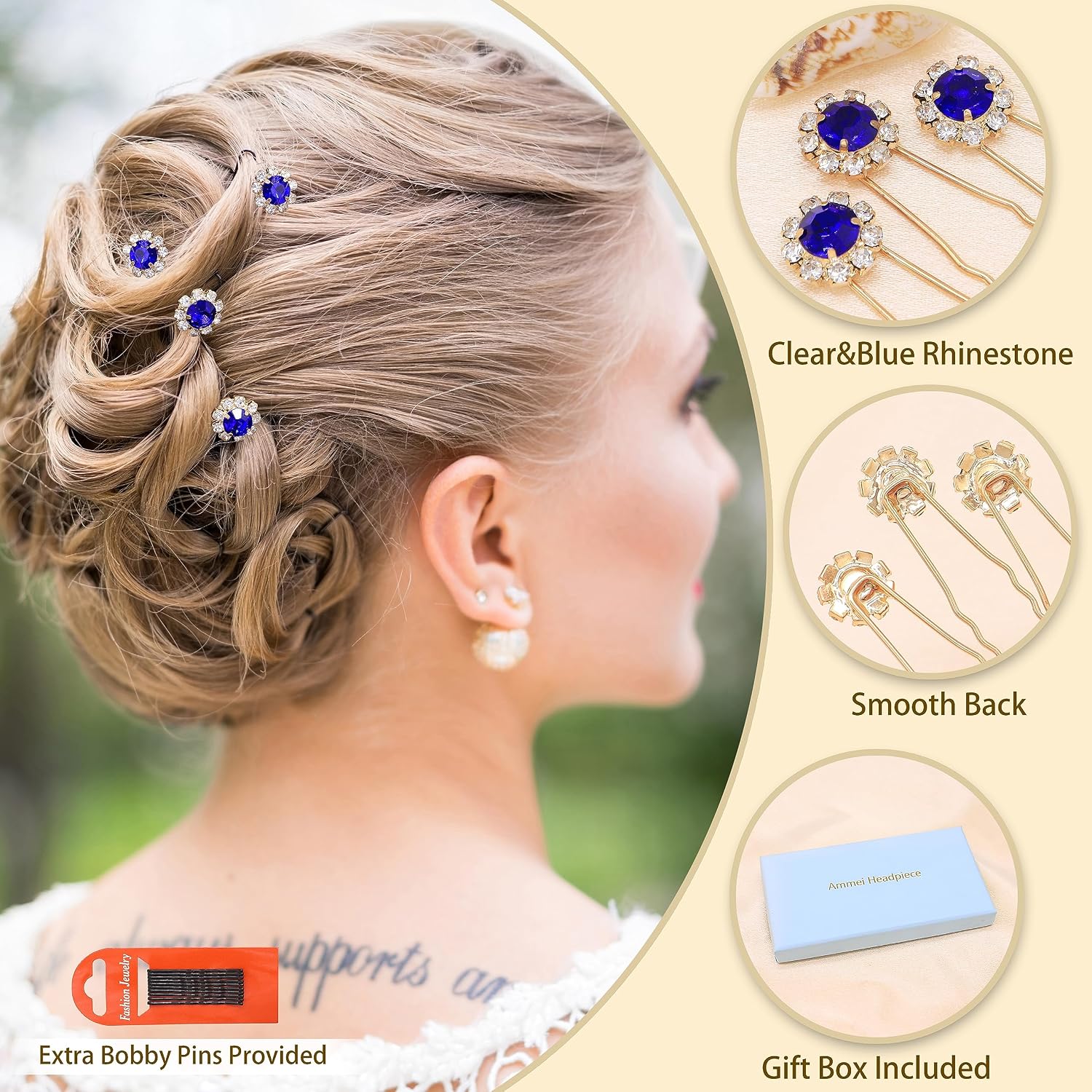Ammei Crystal Bridal Hair Pins Clips Wedding Hair Accessories Hair Set Jewelry With Rhinestone For Brides and Bridesmaids Set Of 12 (Gold Plated-Blue) image 3