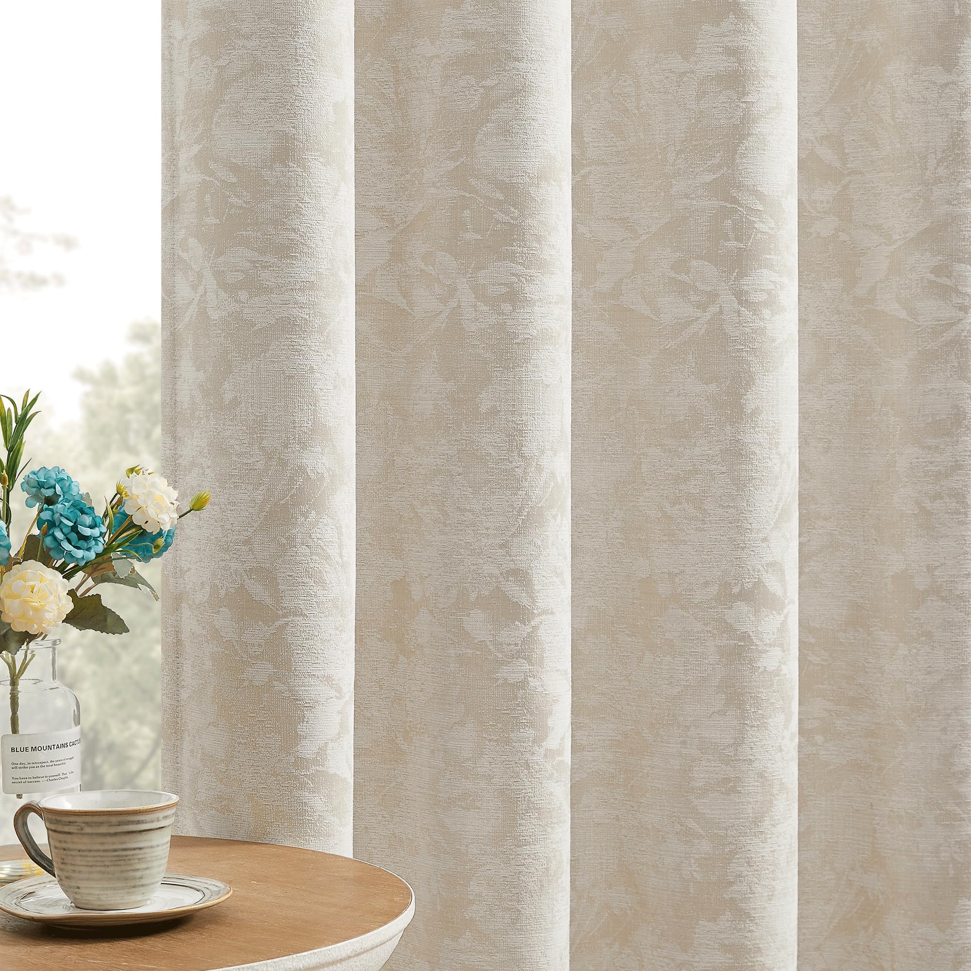 Beige Floral Jacquard Blackout Curtains 63 Inches Long 2 Panels for Bedroom Living Room Taupe Flower Chenille Room Darkening Thermal Insulated Soundproof Grommet Window Treatments Drapes 52x63