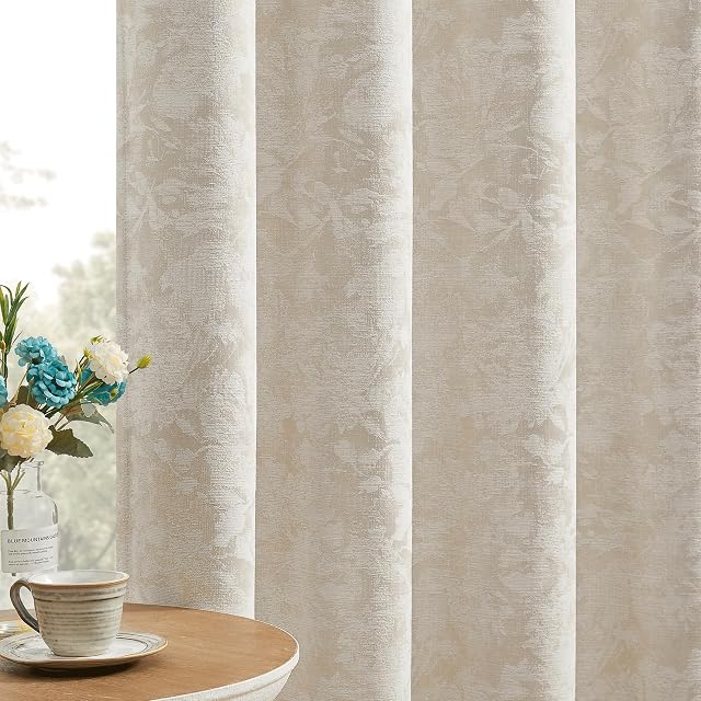 Beauoop Beige Floral Jacquard Blackout Curtains 84 Inches Long 2 Panels for Bedroom Living Room Taupe Flower Chenille Room Darkening Thermal Insulated Soundproof Grommet Window Treatments Drapes 52x84