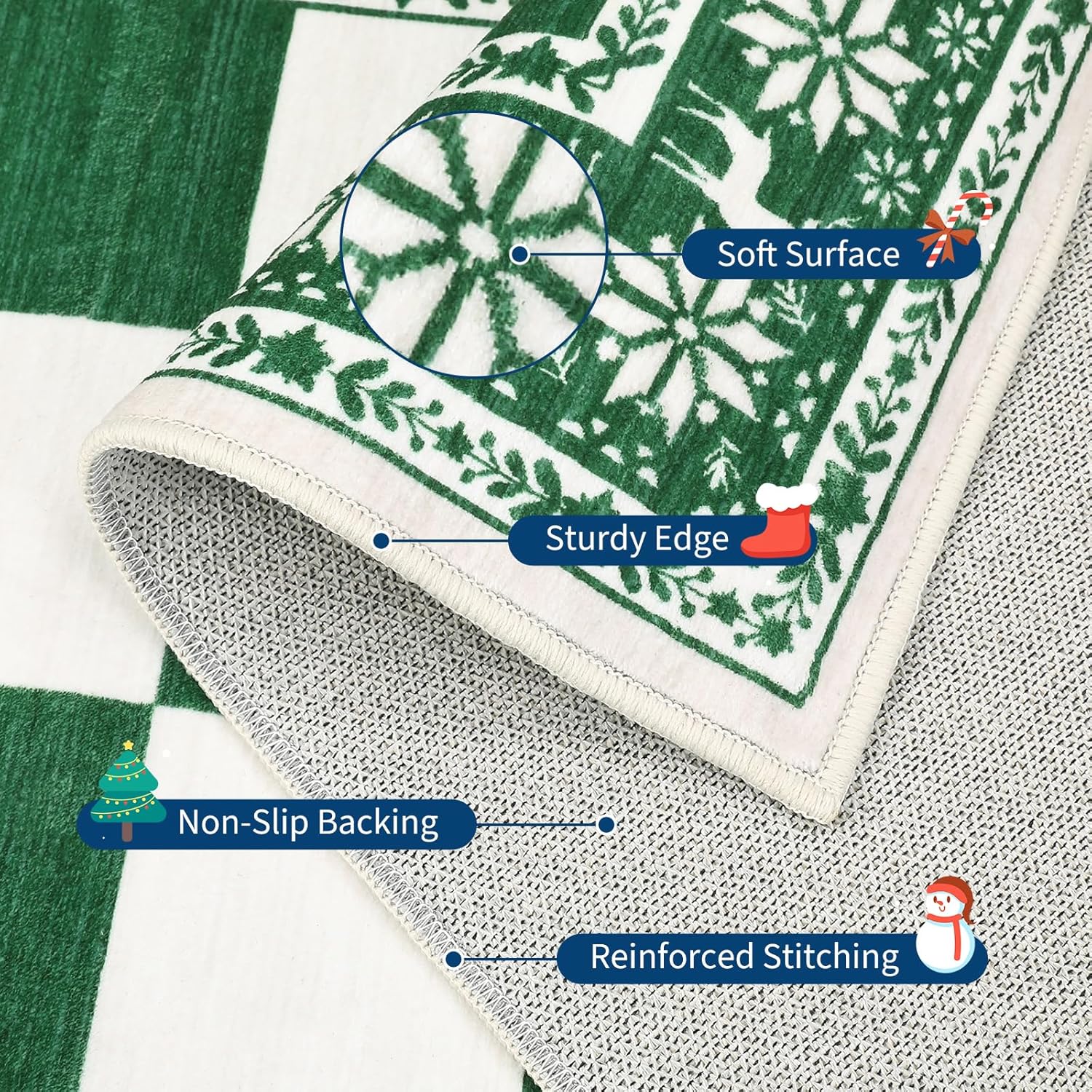 GarveeHome Green 2x6 Runner Rug, Washable Rug for Christmas Decor, Indoor Non Slip Carpet, Checkered Soft Low Pile Christmas Rugs for Kitchen, Entryway, Living Room, Bedroom