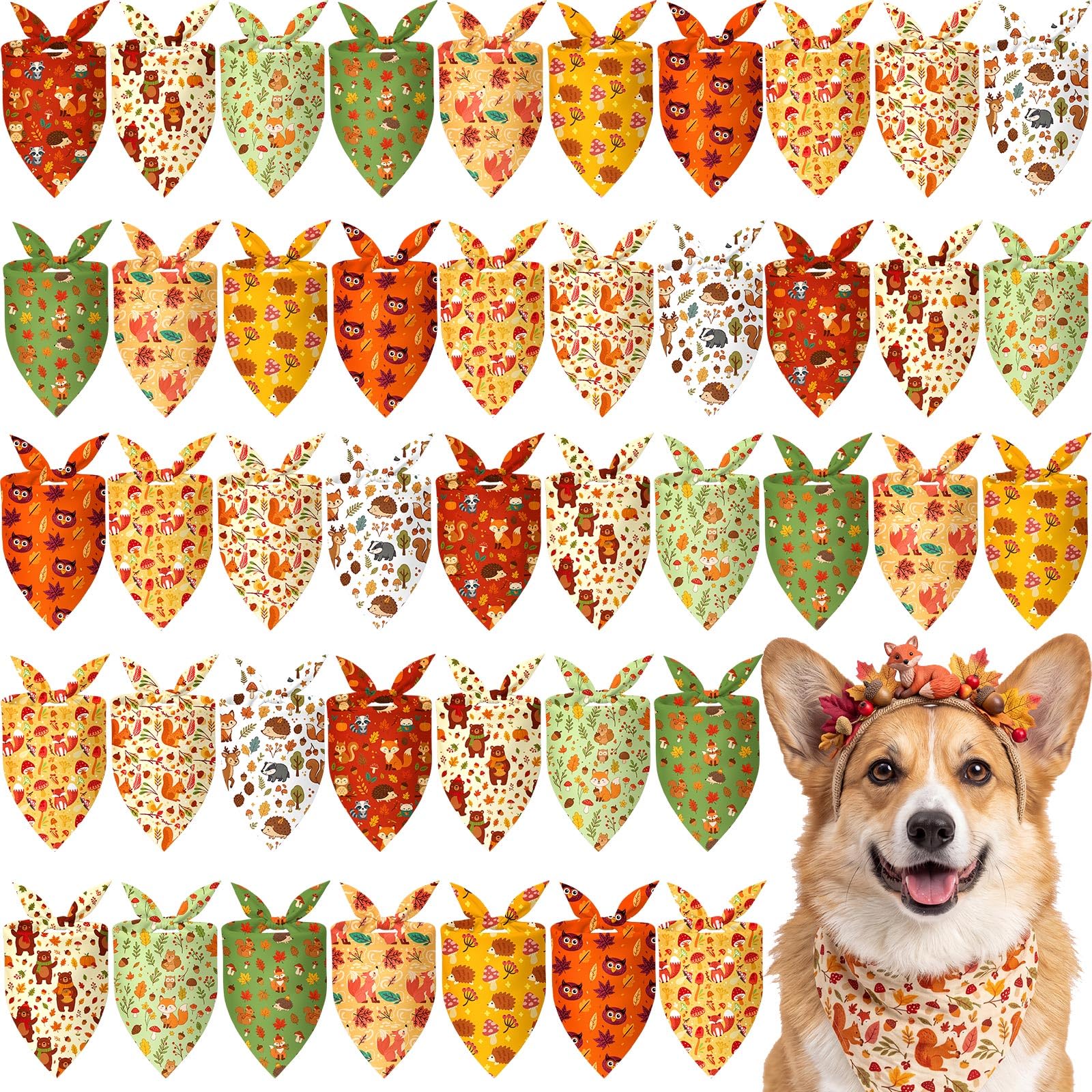 Weewooday 50 Pcs Fall Dog Bandanas Bulk for Autumn Pet Soft Bibs Adjustable Squirrel Fox Hedgehog Kerchief Bandana for Small Medium Large Grooming Accessories (Fall Animals, 19.7 x 13.8 x 13.8 Inch) โ image 1