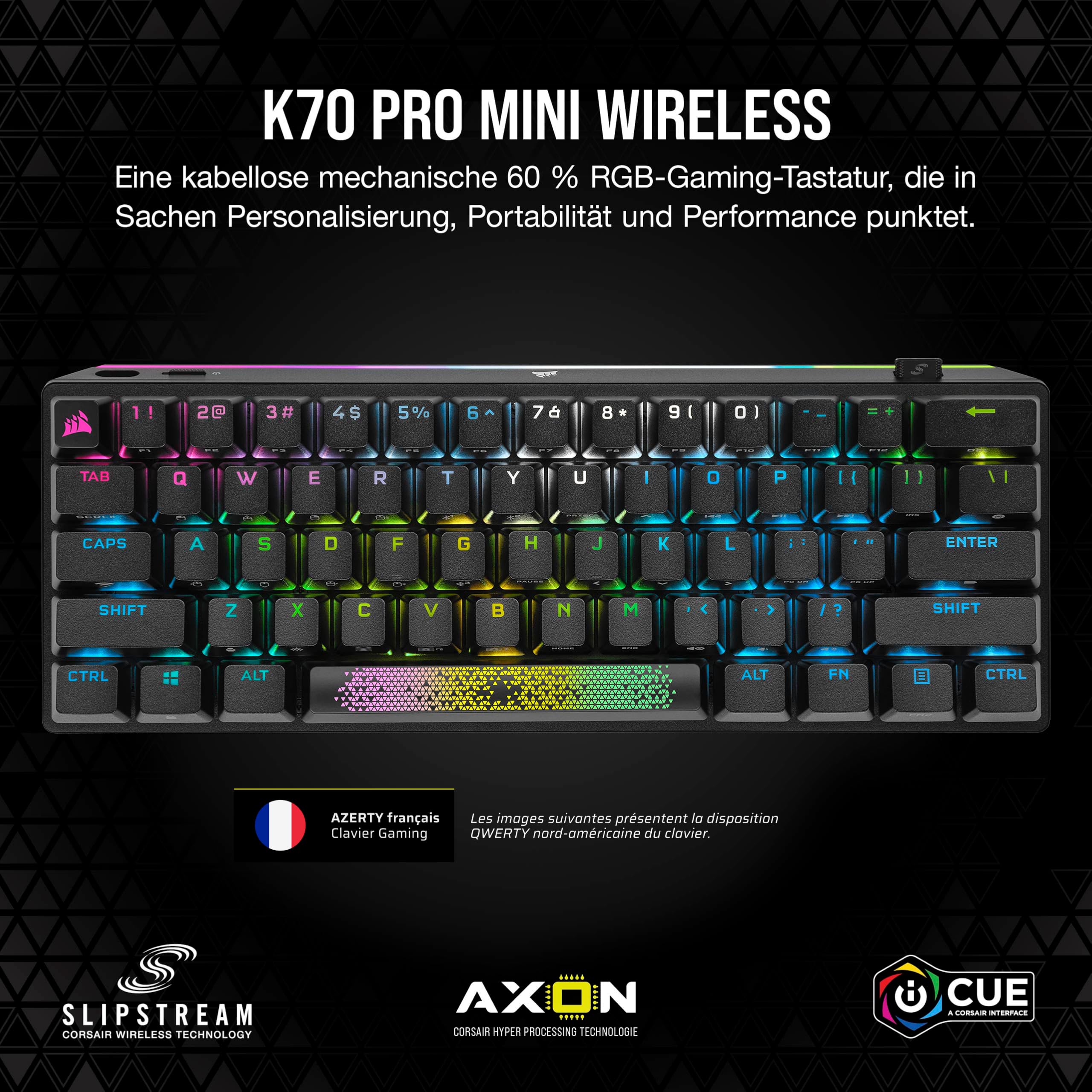 Corsair K70 Pro Mini Wireless RGB 60% Clavier Mécanique de Jeu - Commutateurs Cherry MX Red - Capuchons de Touches PBT Double-Shot - Compatible iCUE - PC, Mac, PS5, PS4, Xbox - AZERTY FR - Noir