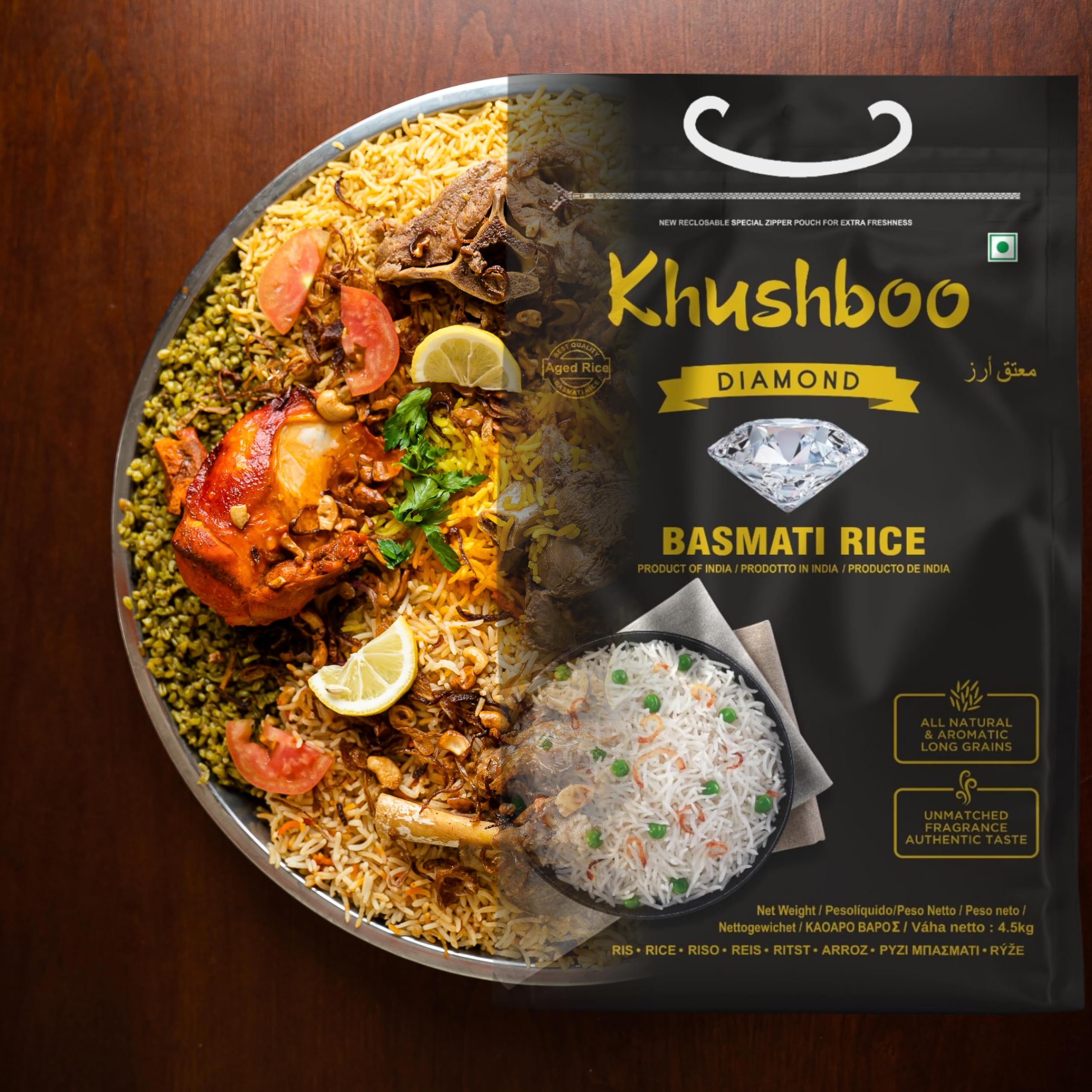 Khushboo Diamond Basmati Reis - 8x 4,5 kg - indischer Langkornreis 2 Jahre gereift - höchste Qualität – natürlich & ohne Zusätze - Duftreis für Djuvic & Curry - Herstellung am Himalaya in Indien