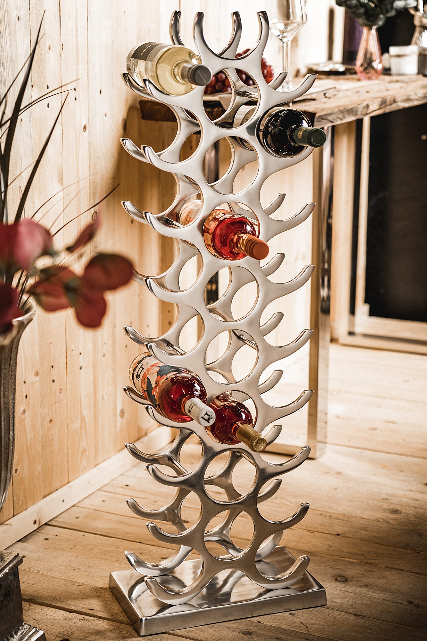 MichaelNoll Botellero para botellas de vino, de aluminio plateado de lujo, estante moderno de metal, soporte para botellas de champán, vino y champán, 101 cm XXL
