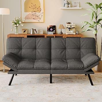 Convertible Futon Sofa Bed with Detachable Cushion,71" Grey Linen Futon Couch with Adjustable Backrest & Armrest,Modern Loveseat Sleeper Small Recliner for Living Room,Office,Apartment