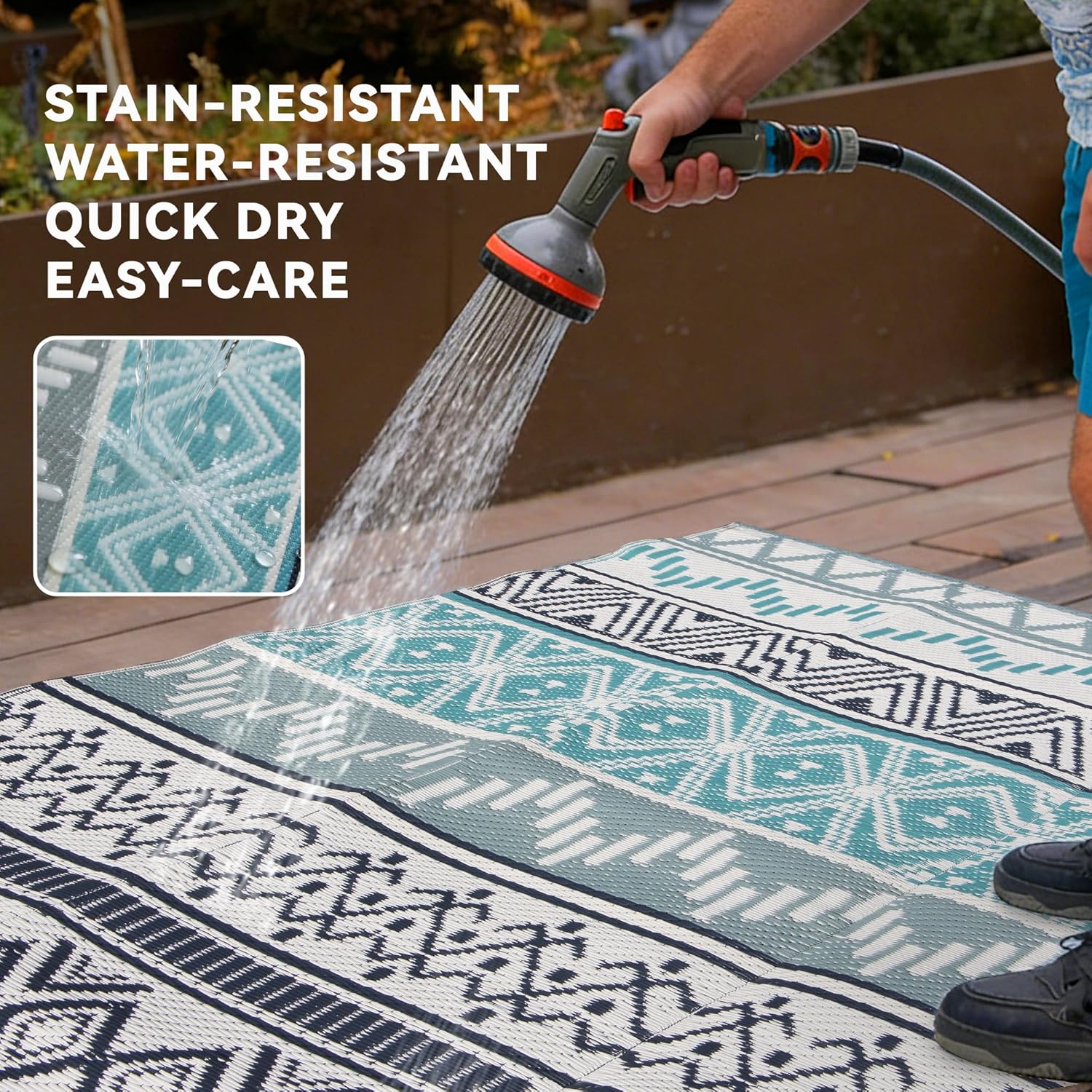 Outdoor Rug Waterproof 5 x 8 ft, Reversible Plastic Straw Rug for Patio, Large Outdoor Carpet for RV, Patio, Camping, Backyard, Deck, Picnic, Beach, Blue & Grey