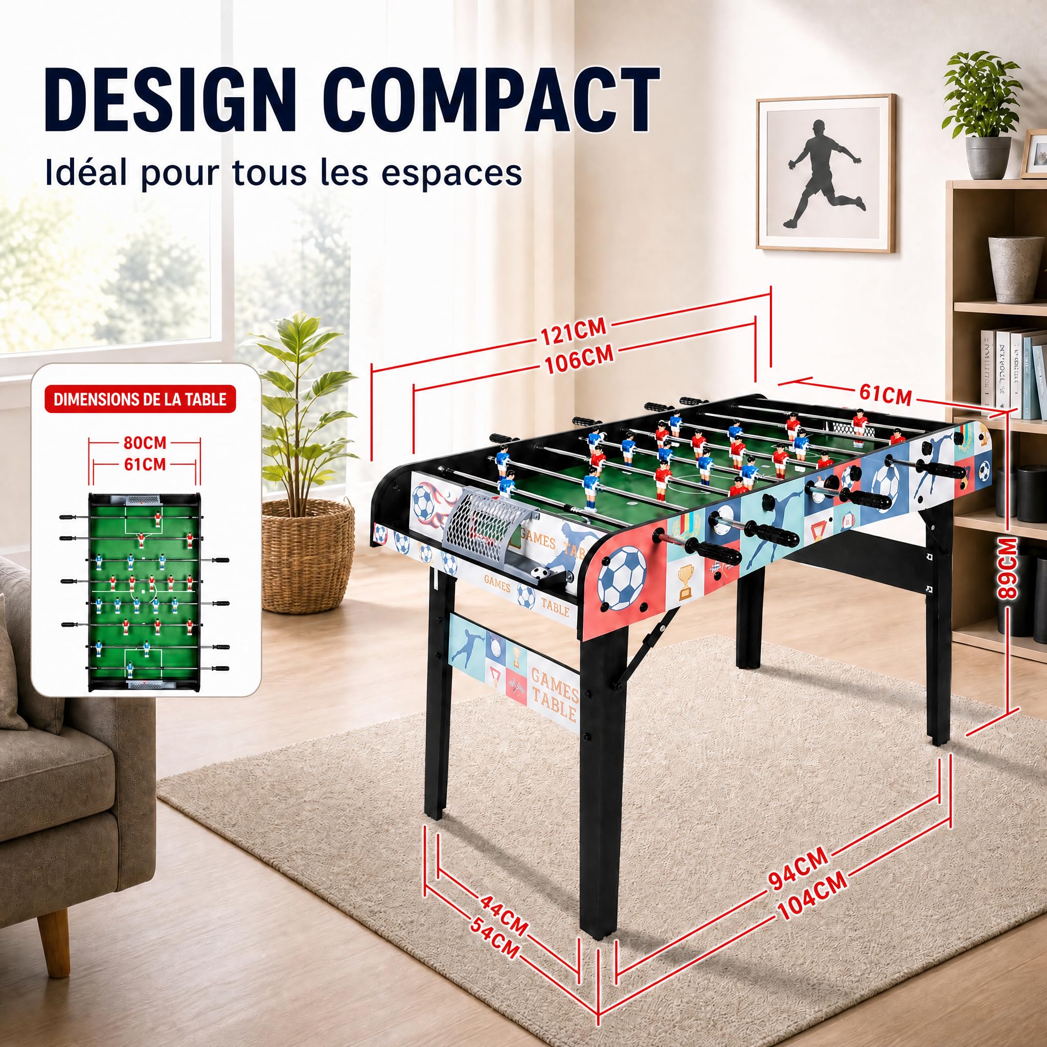 Baby-Foot Pliable 121cm, Table Foot Intérieur Barres Télescopiques