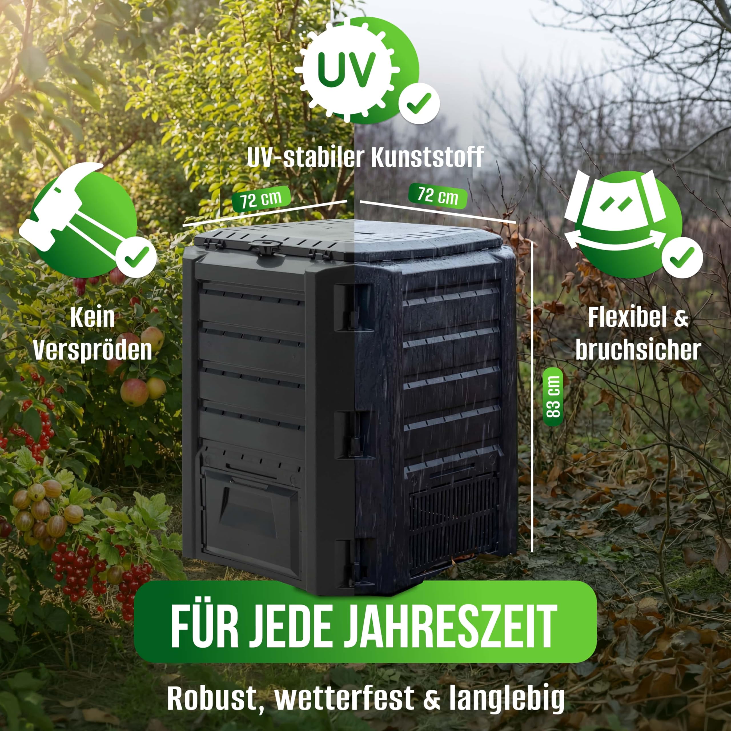 DEUBA® Komposter 800L 135x72x83cm witterungsbeständig Deckel klappbar Gartenkomposter Thermokomposter Schnellkomposter