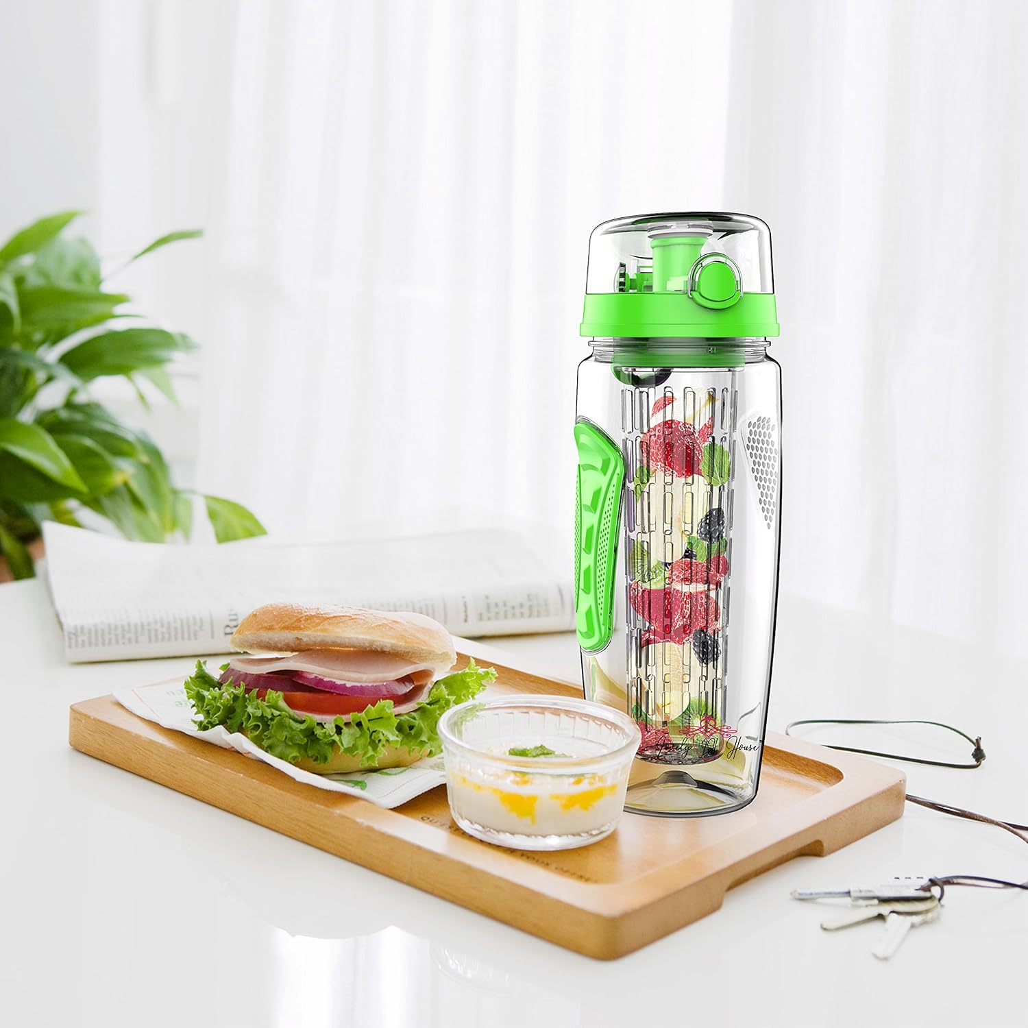 Fruit Infuser Water Bottle 32 oz: Flavored Water & Tea Infusion for Hydration, Protein Shake Sports Container, Leak-Proof Lid, Long Infuser Basket – with Sleeve, Cleaner Brush & Mix Ball
