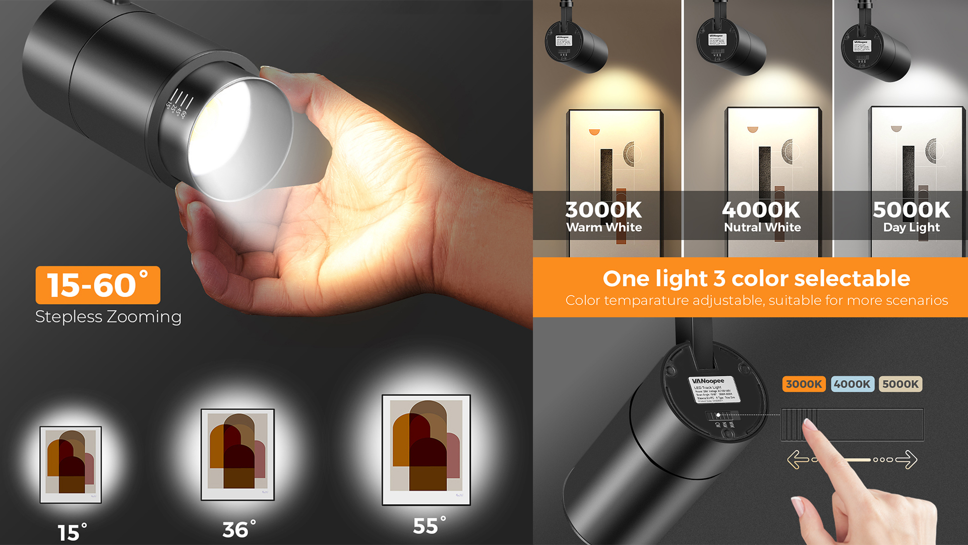 Image of VANoopee 3-Color Zoomable Ceiling Spot Lights Indoor Flush Mount Adjustable LED Ceiling Spotlight Directional Light Fixture Dimmable Accent Light for Picture Art -CRI90 15-60 10W 1000lm Black
