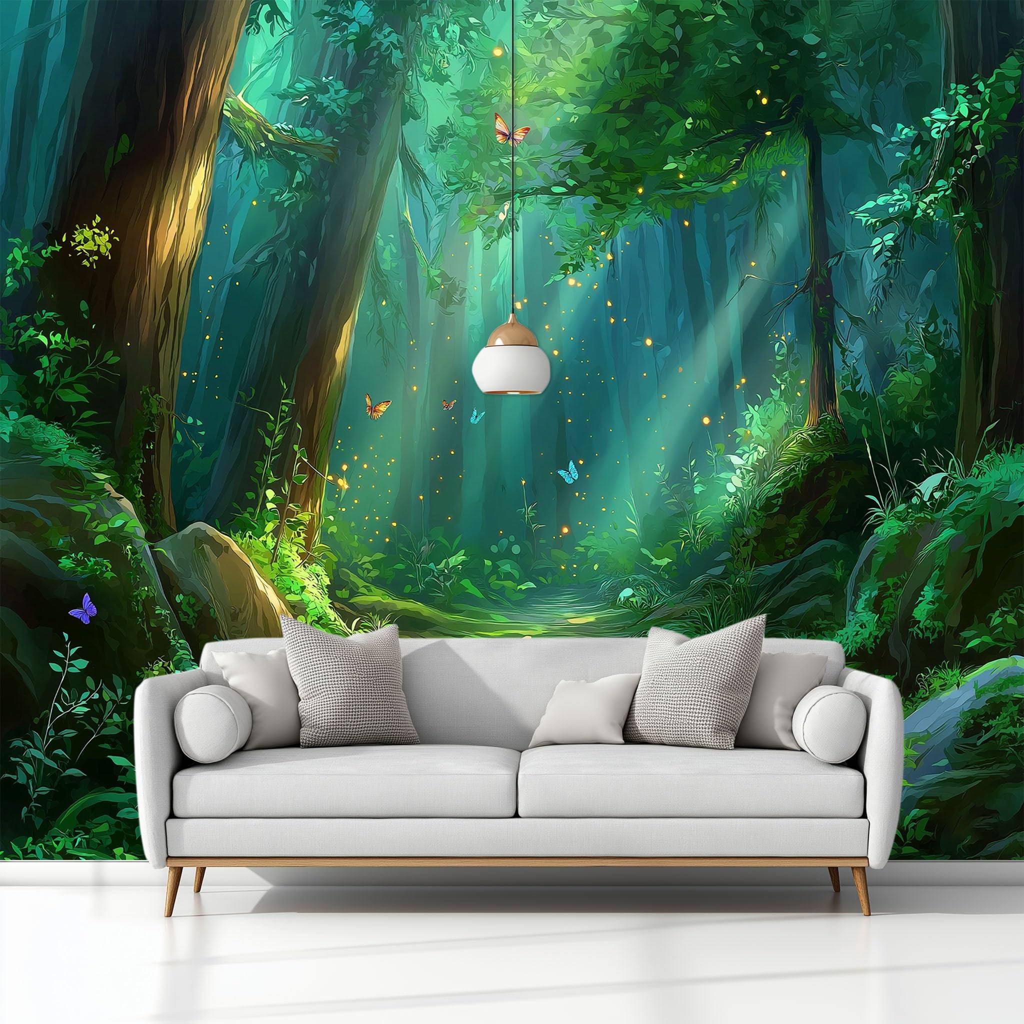 Générique Panoramiczna tapeta fantasy las dżungla roślina motyl ciemnozielony, tapeta z włókniny 3D, do pokoju dziecięcego i salonu, dekoracja ścienna XXL, 350 x 256 cm