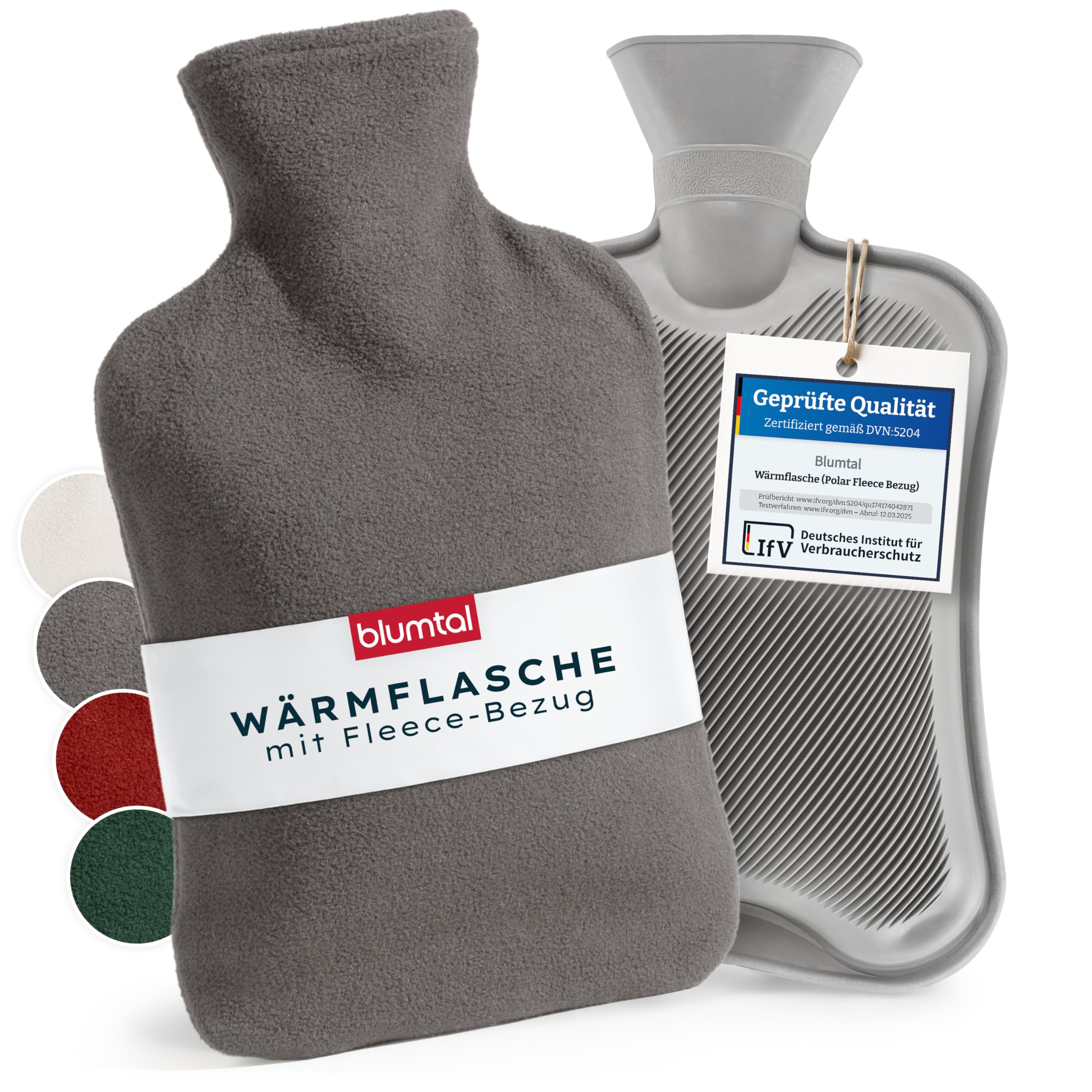Blumtal Premium Wärmflasche mit Bezug Fleece - Wärmeflasche aus verwendungssicherem Naturkautschuk mit Fleecebezug - auslaufsichere Bettflasche 1,5 L - beruhigend & wärmend - Bettflasche Grau