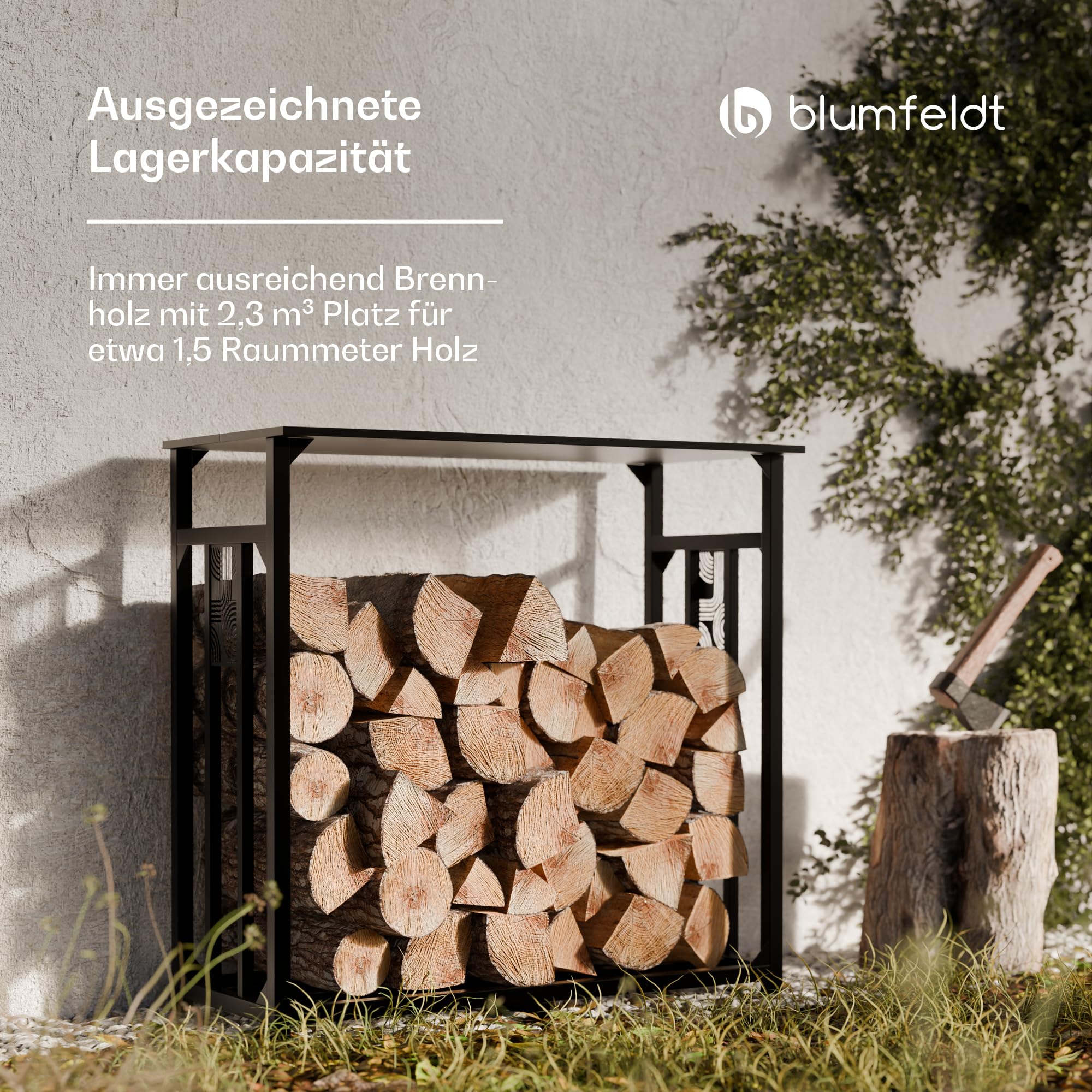 blumfeldt Valdivian Kaminholzregal – 2,3 m³ Metall-Brennholzregal mit Stahldach & Regenschutz, Robustes Holzlager Innen, Wetterfestes Feuerholzregal, Inkl. Tragetasche für Kaminholz Aufbewahrung