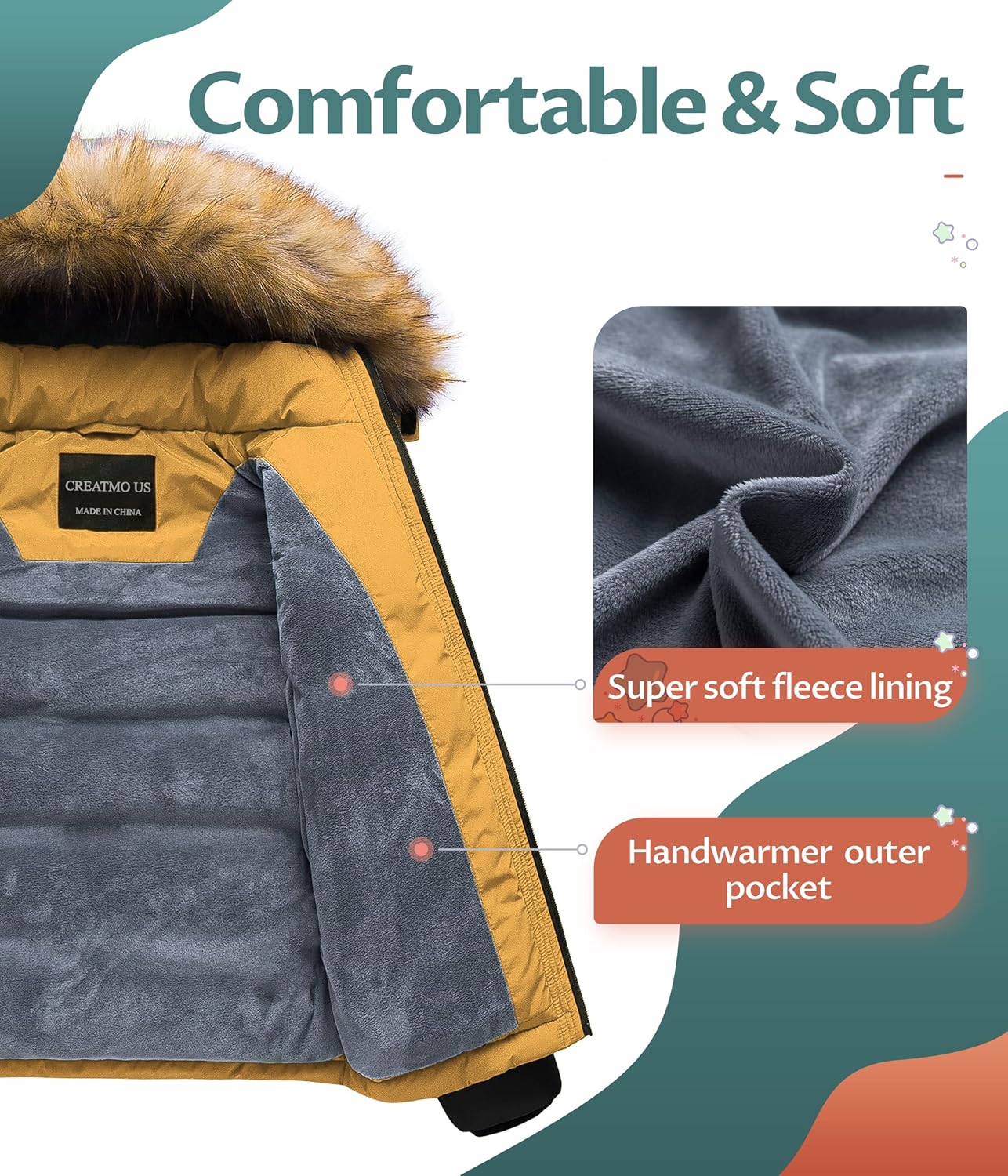 CREATMO US Boy's Water Resistant Winter Coats Warm Fleece Lined Outwear Windbreaker Ski Jacket - Image 3