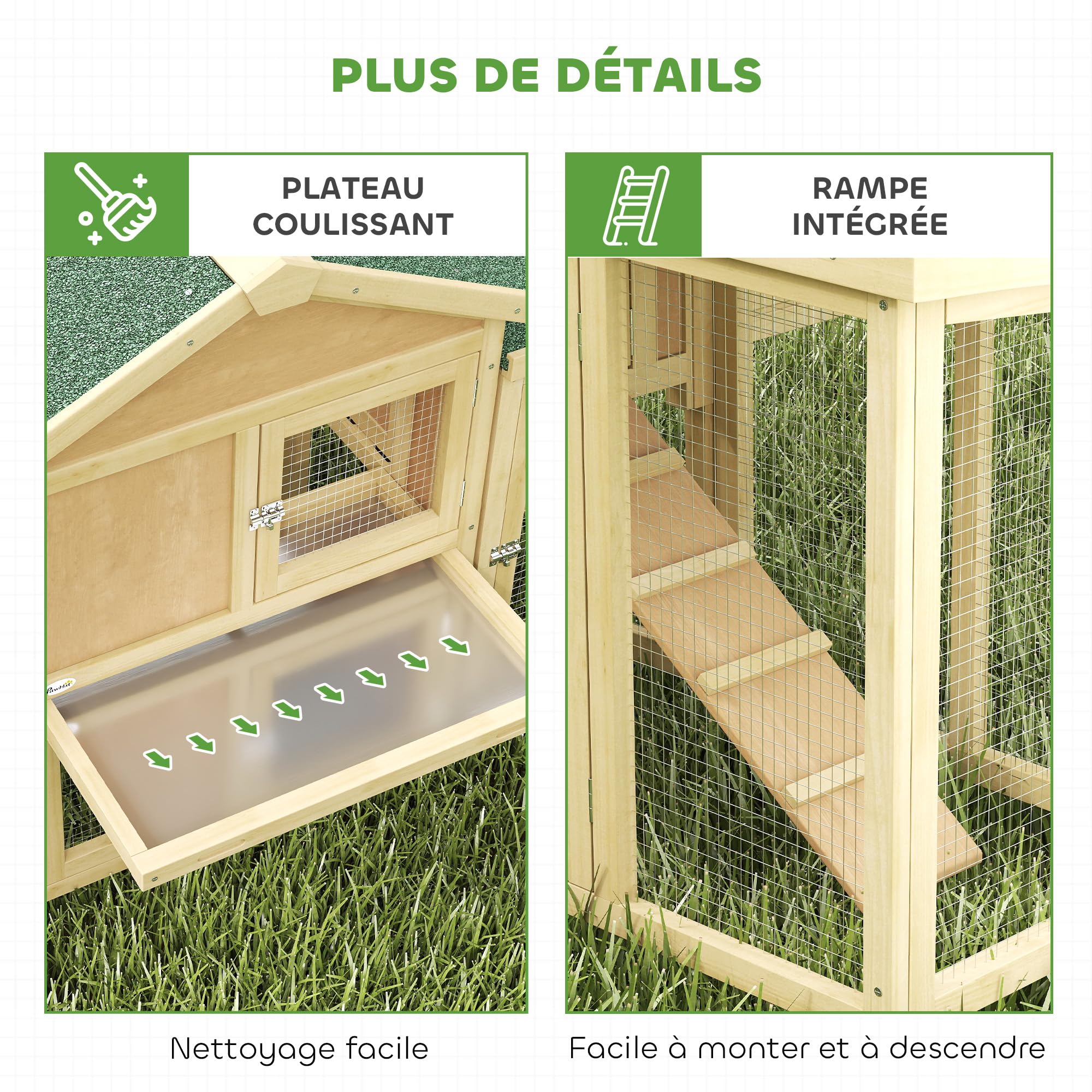 PawHut Poulailler clapier modèle Chalet Multi-équipé : rampes, nichoirs, perchoirs, Plateau excrément, fenêtre, Portes Bois Massif, Bois Naturel