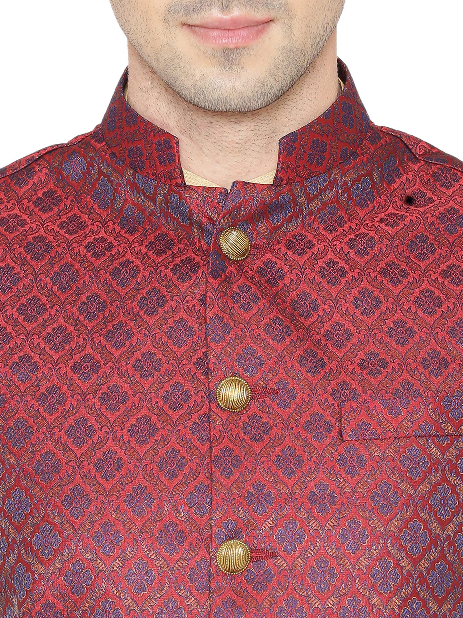 WINTAGE Men's Banarasi Rayon Cotton Casual and Festive Nehru Jacket Vest Waistcoat : Maroon 2