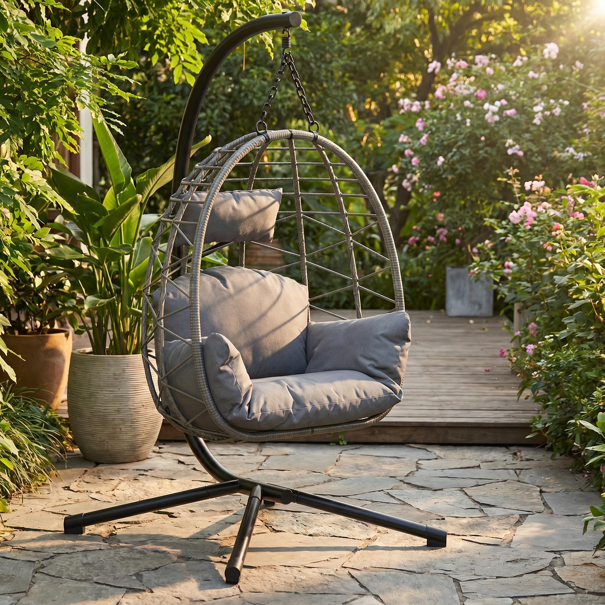 Ergonomischer Hängesessel Ei Mit Gestell, Wetterfestes Rattan | Waschbare Kissen, Kopfstütze, Höhenverstellbar, Bis 150kg, Inkl Abdeckung, Hanging Chair Hammock Hängestuhl Garten Balkon
