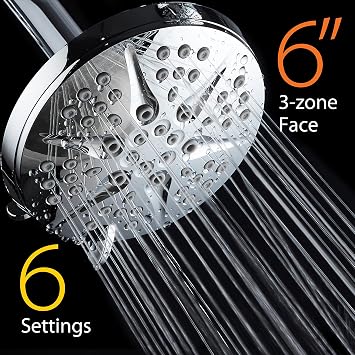 HOTEL SPA - Shower Head High Pressure - 6 Inch Rain Shower Head, 6-Setting - Notilus Showerhead with Brass Metal Connection Nut, Angle-Adjustable Ball Joint, Touch Clean Jets, Showerspa (Chrome)