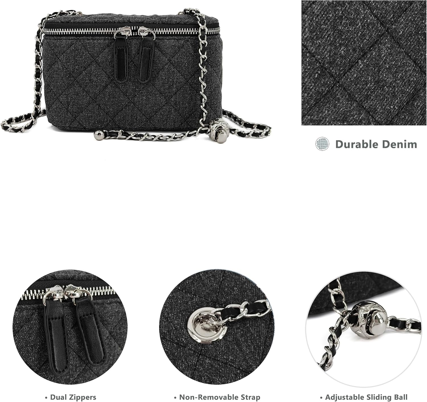 Mini Quilted Denim Crossbody Bag for Women, Small Jean Purse with Adjustable Chain Strap, Boxy Designer Vanity Case - Image 4