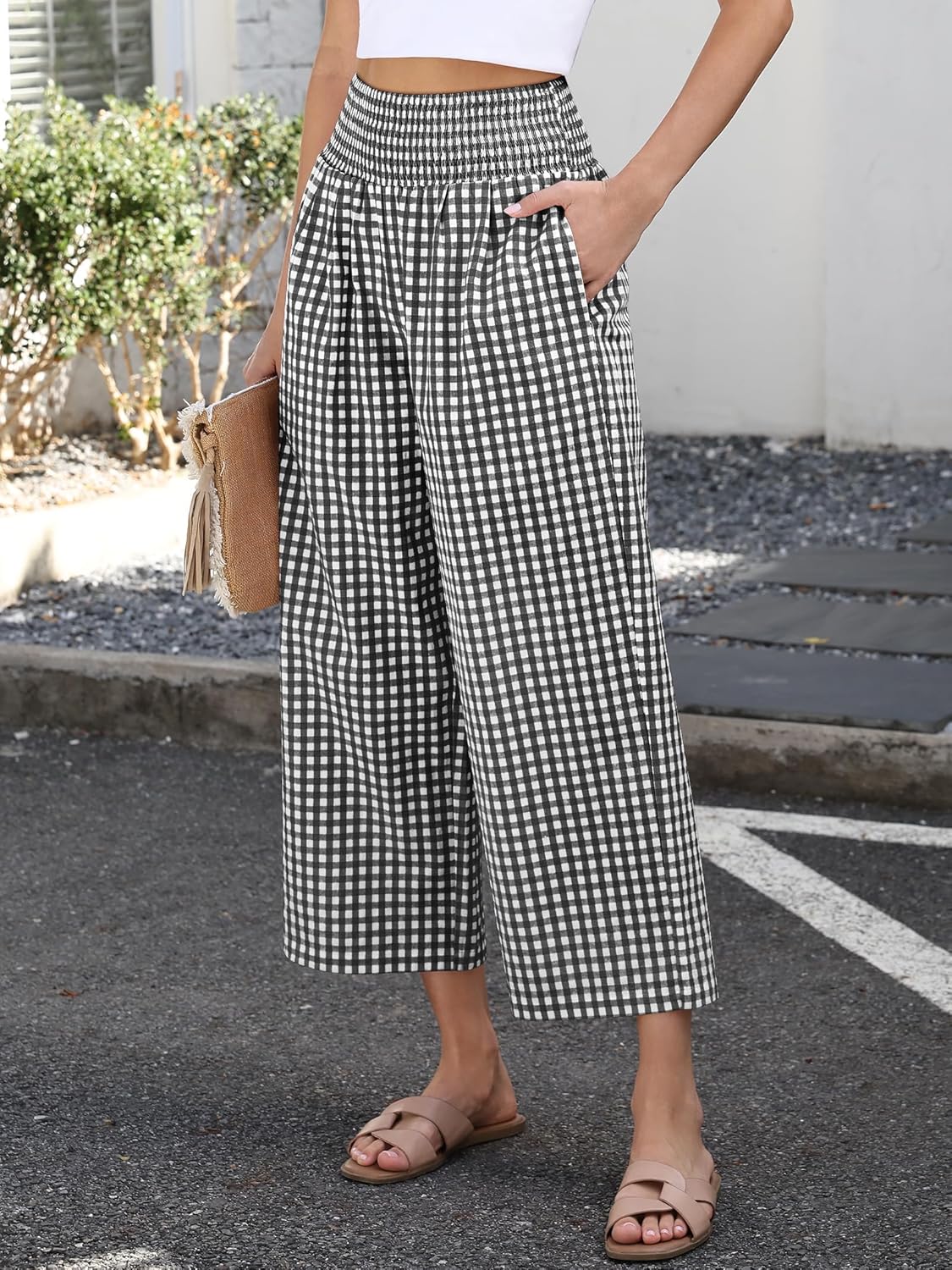 ANRABESS Women Striped Gingham Wide Leg Palazzo Pants Casual Lounge Cropped PJ Bottoms Comfy Cute Plaid Pants with Pockets - Image 3